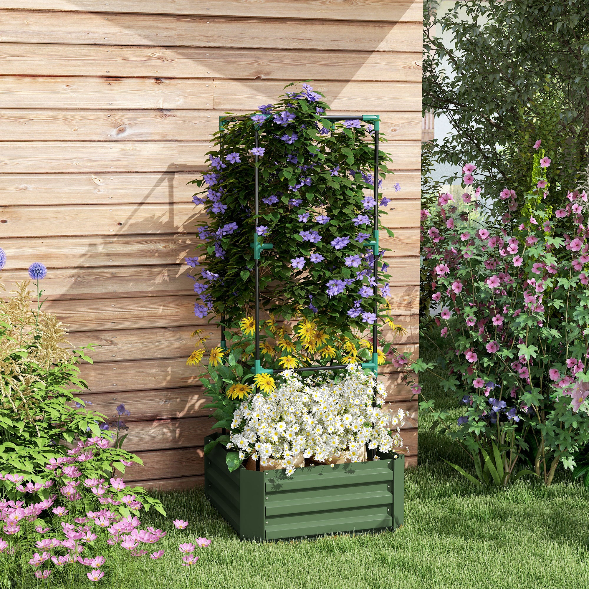 Galvanized Planter Box, 24" x 24" x 55" Raised Garden Bed with Tomato Cage for Climbing Vines, Green
