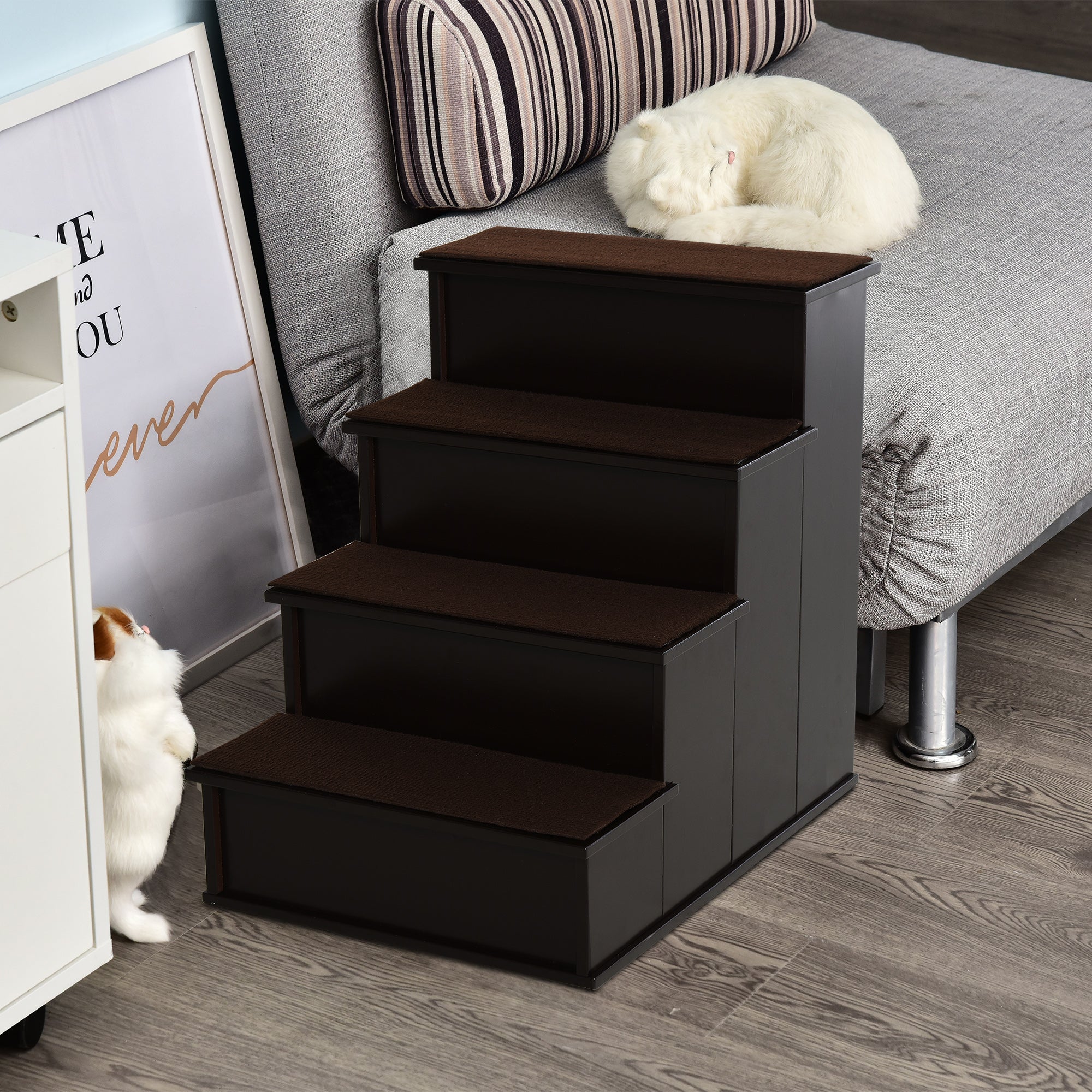 Pet Stairs, Small Pet Steps with Cushioned Removable Covering for Dogs and Cats Up To 22 lbs, Brown