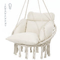 Hammock Swing Chair, Macrame Hanging Chair with Large Cushion, Chain, Steel Frame for Indoor Outdoor Use, Cream White