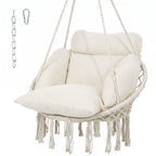 Hammock Swing Chair, Macrame Hanging Chair with Large Cushion, Chain, Steel Frame for Indoor Outdoor Use, Cream White