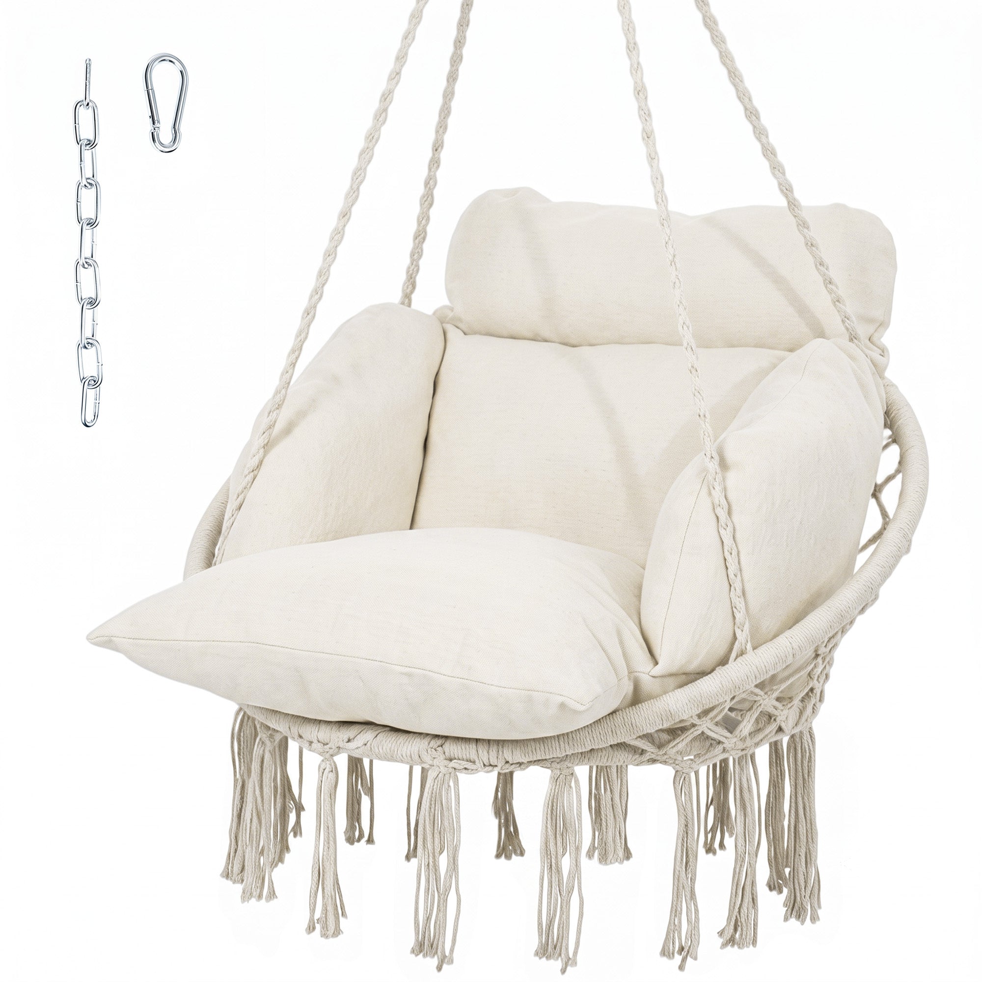 Hammock Swing Chair, Macrame Hanging Chair with Large Cushion, Chain, Steel Frame for Indoor Outdoor Use, Cream White