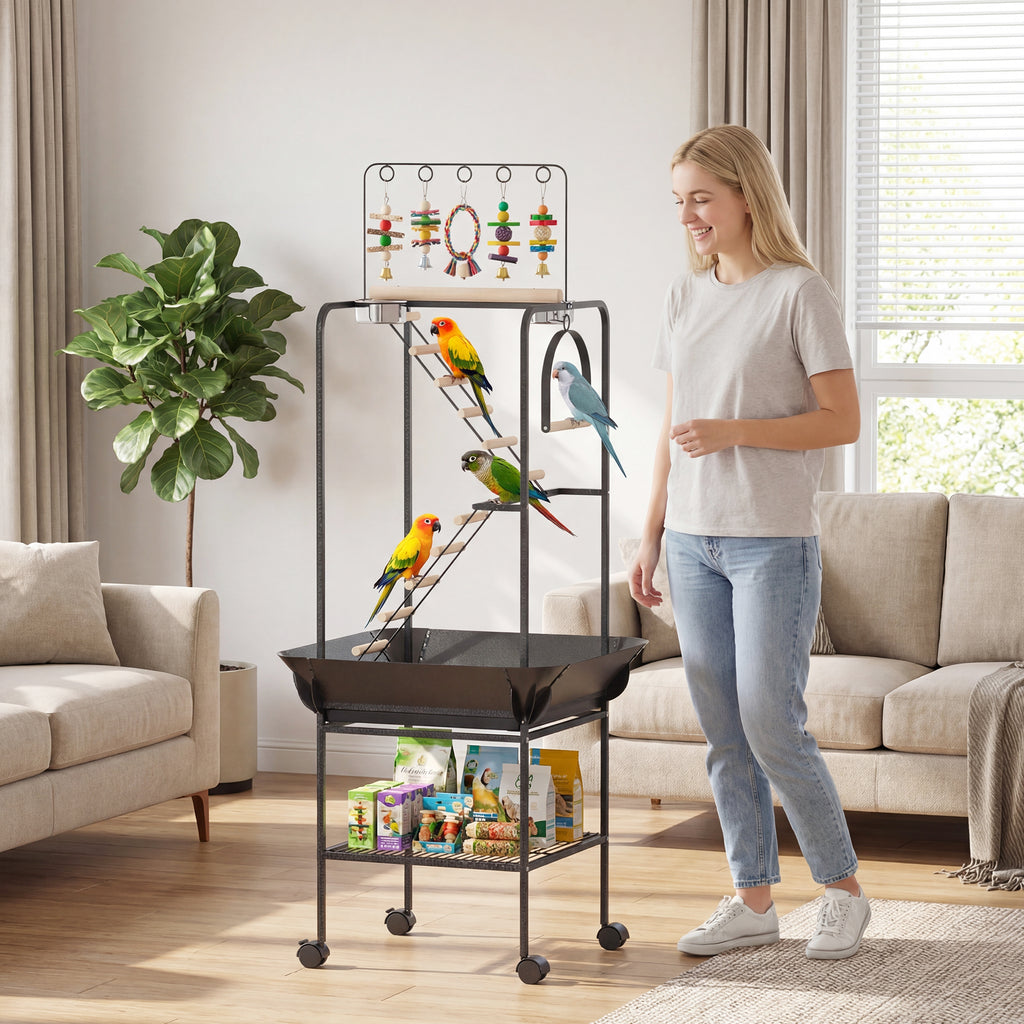 64"H Rolling Bird Playground Parrot Stand with Seed Guard & Wheels, Ladders, Swing, Toy Hook & Bowls
