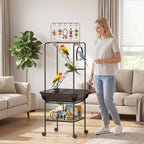 64"H Rolling Bird Playground Parrot Stand with Seed Guard & Wheels, Ladders, Swing, Toy Hook & Bowls