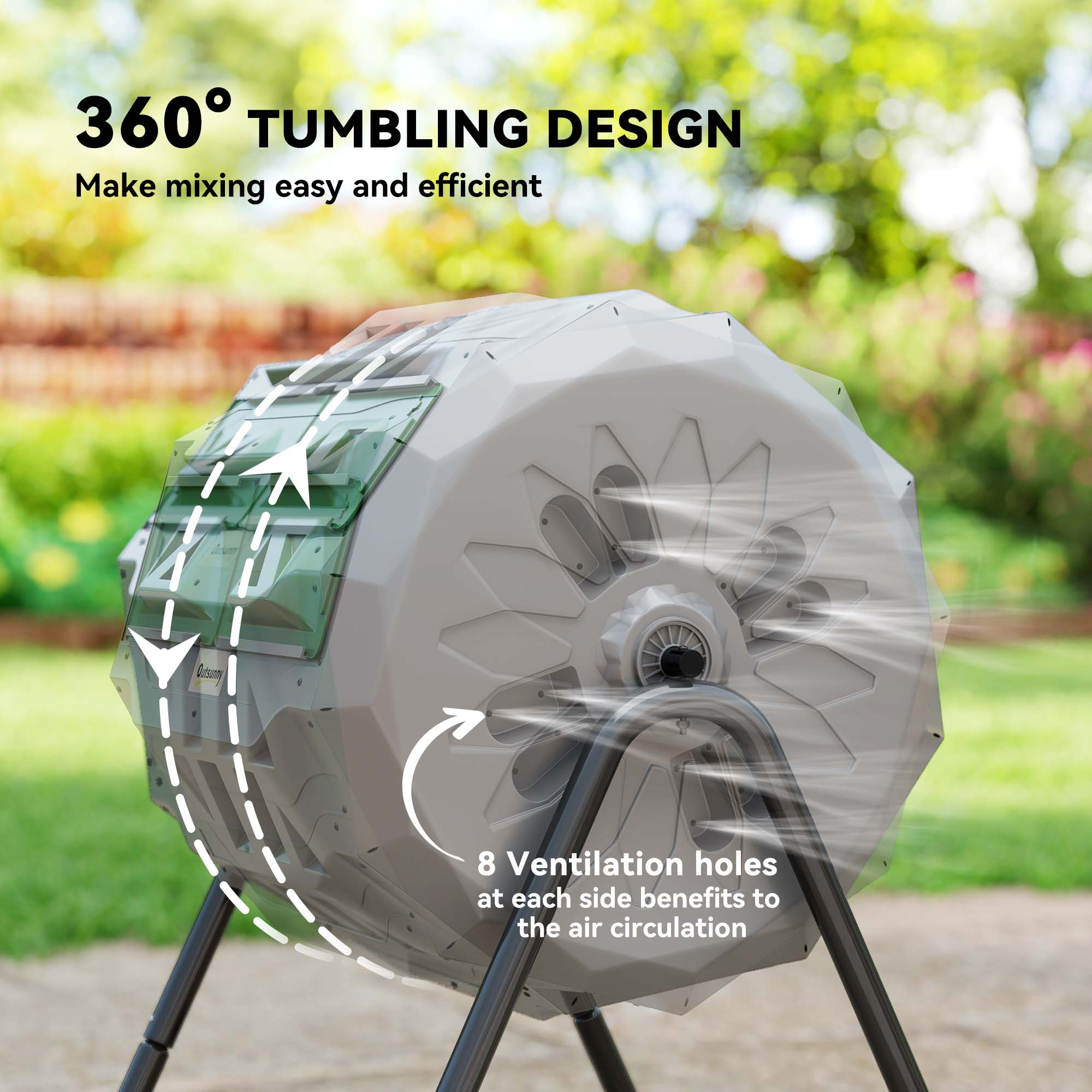 Tumbling Compost Bin Outdoor 360° Dual Chamber Rotating Composter 43 Gallon, Light Gray