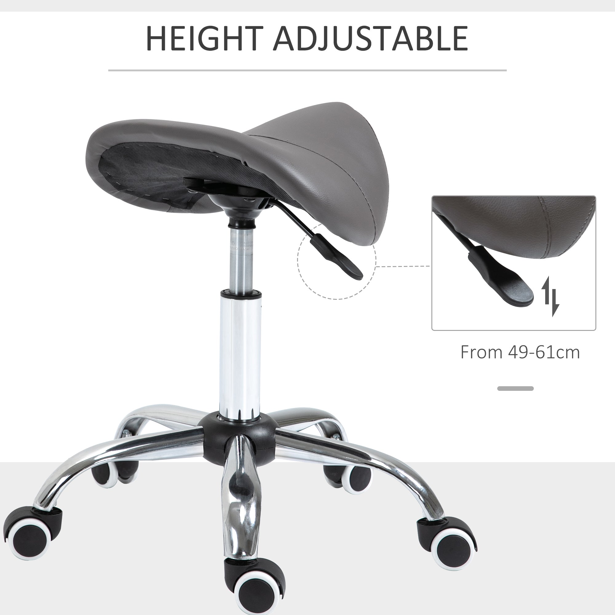 Ergonomic Rolling Saddle Stool PU Leather Hydraulic Spa Stool Height Adjustable Swivel Drafting Salon Chair, Gray