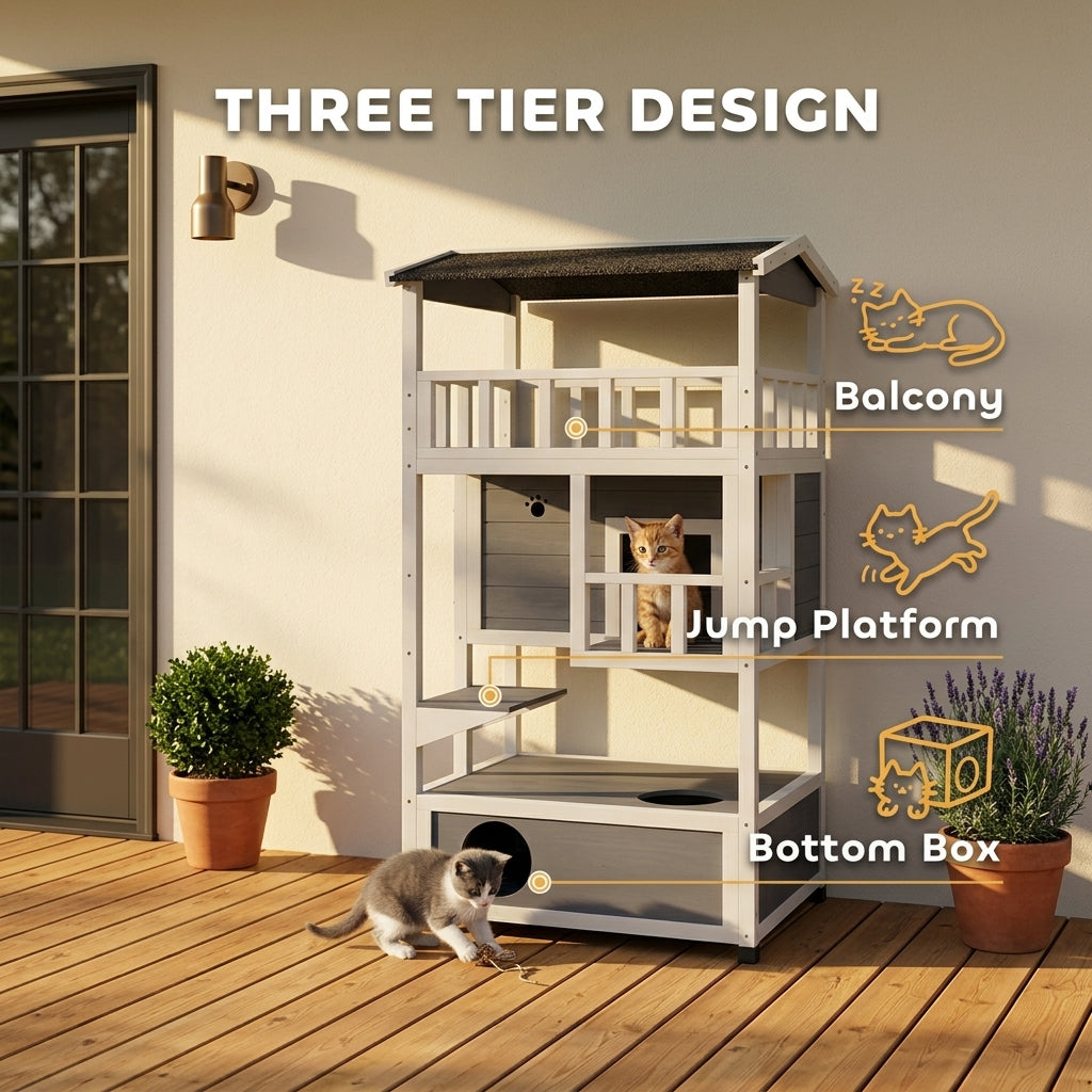 Wooden Outdoor Cat House, Feral Cat Shelter Kitten Condo with Asphalt Roof, Escape Doors, Condo, Jumping Platform, Gray