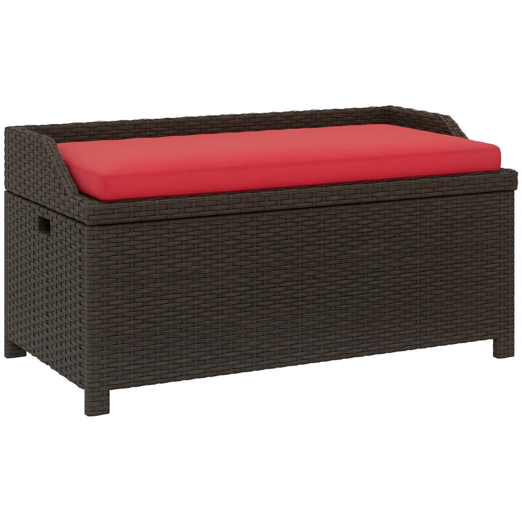 Outdoor Wicker Storage Bench with Storage & Cushion, Red