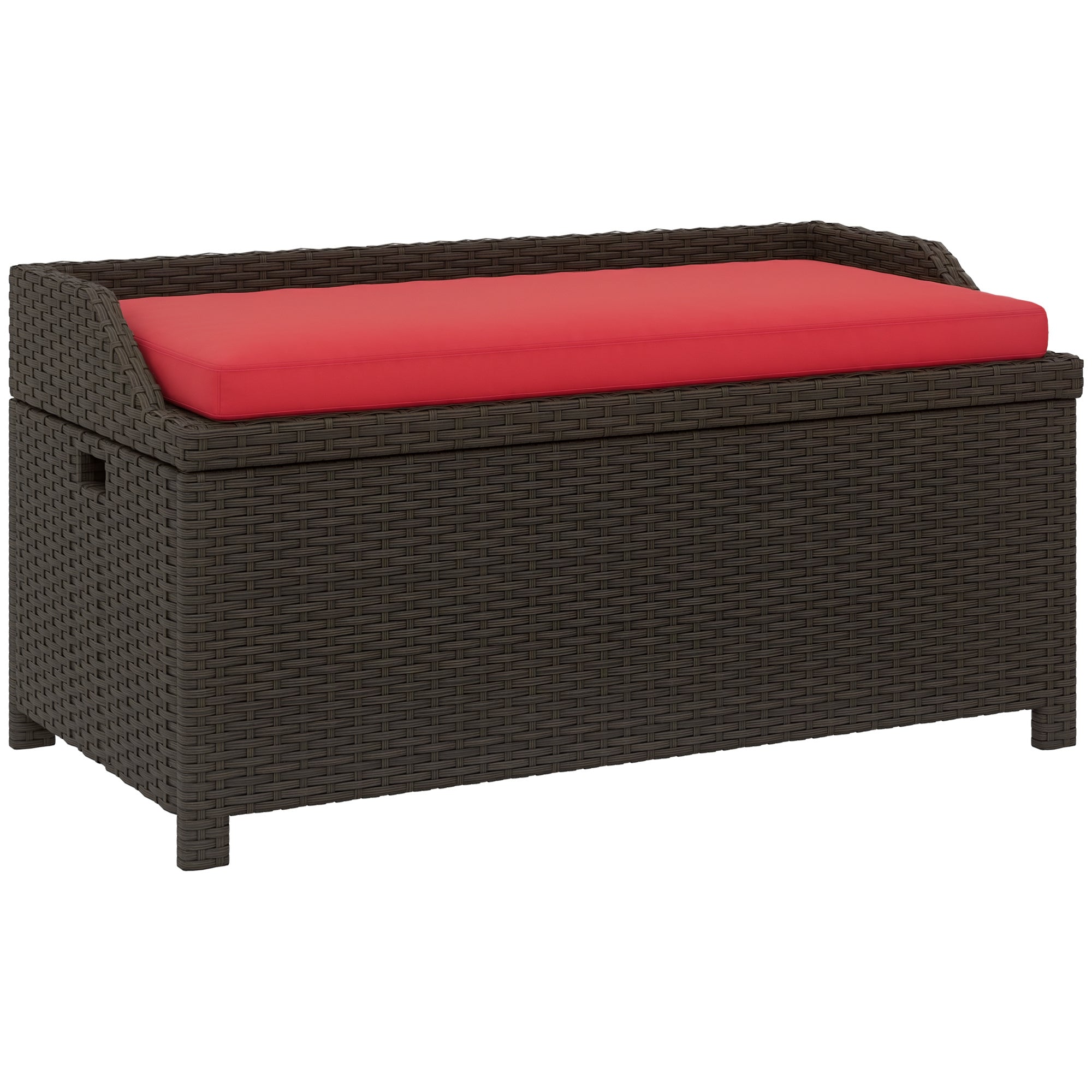 Outdoor Wicker Storage Bench with Storage & Cushion, Red