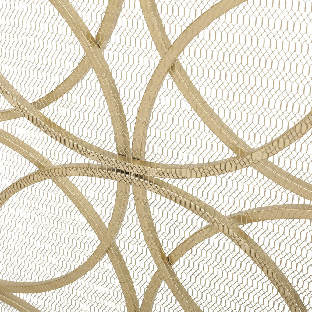 Stylish Single Panel Iron Fireplace Screen With Durable Iron Frame, Modern Overlapping Circle Design, 41.1" L x 9.25" W x 31.1" H, Gold