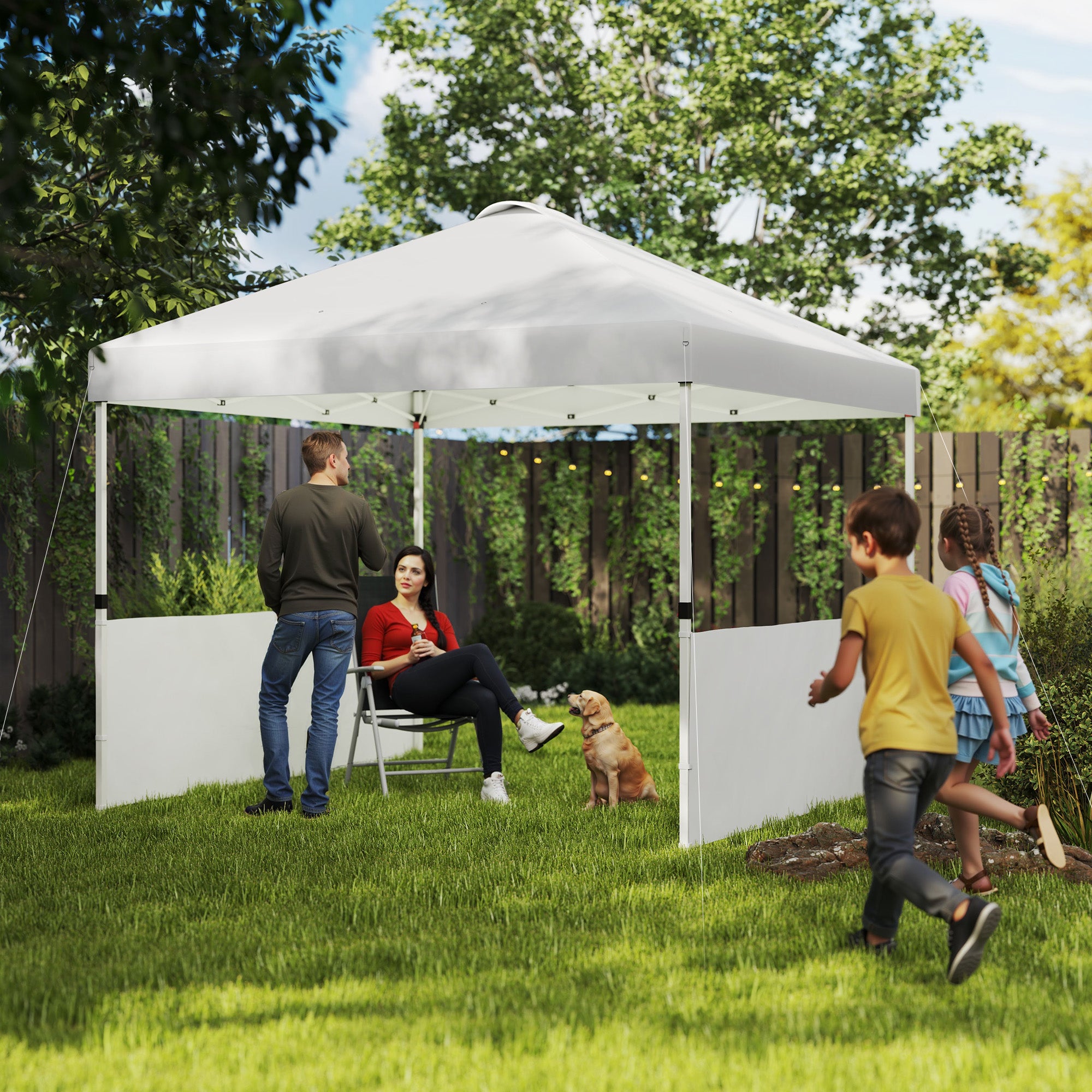10' x 10' Pop Up Canopy Tent with 2 Half Sidewalls, UV50+ Instant Sun Shelter with Wheeled Carry Bag, White
