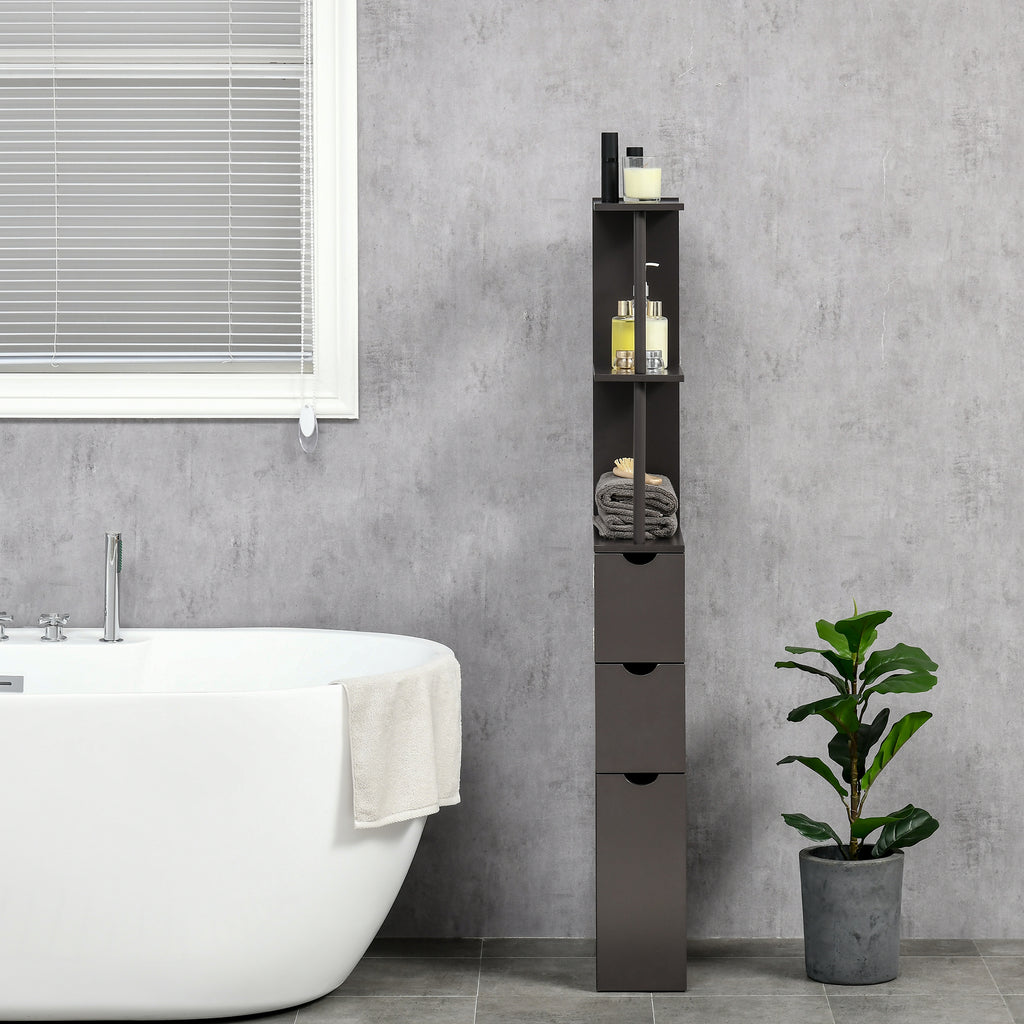 54" Tall Bathroom Storage Cabinet, Freestanding Linen Tower with 2-Tier Shelf and Drawers, Narrow Side Floor Organizer, Brown