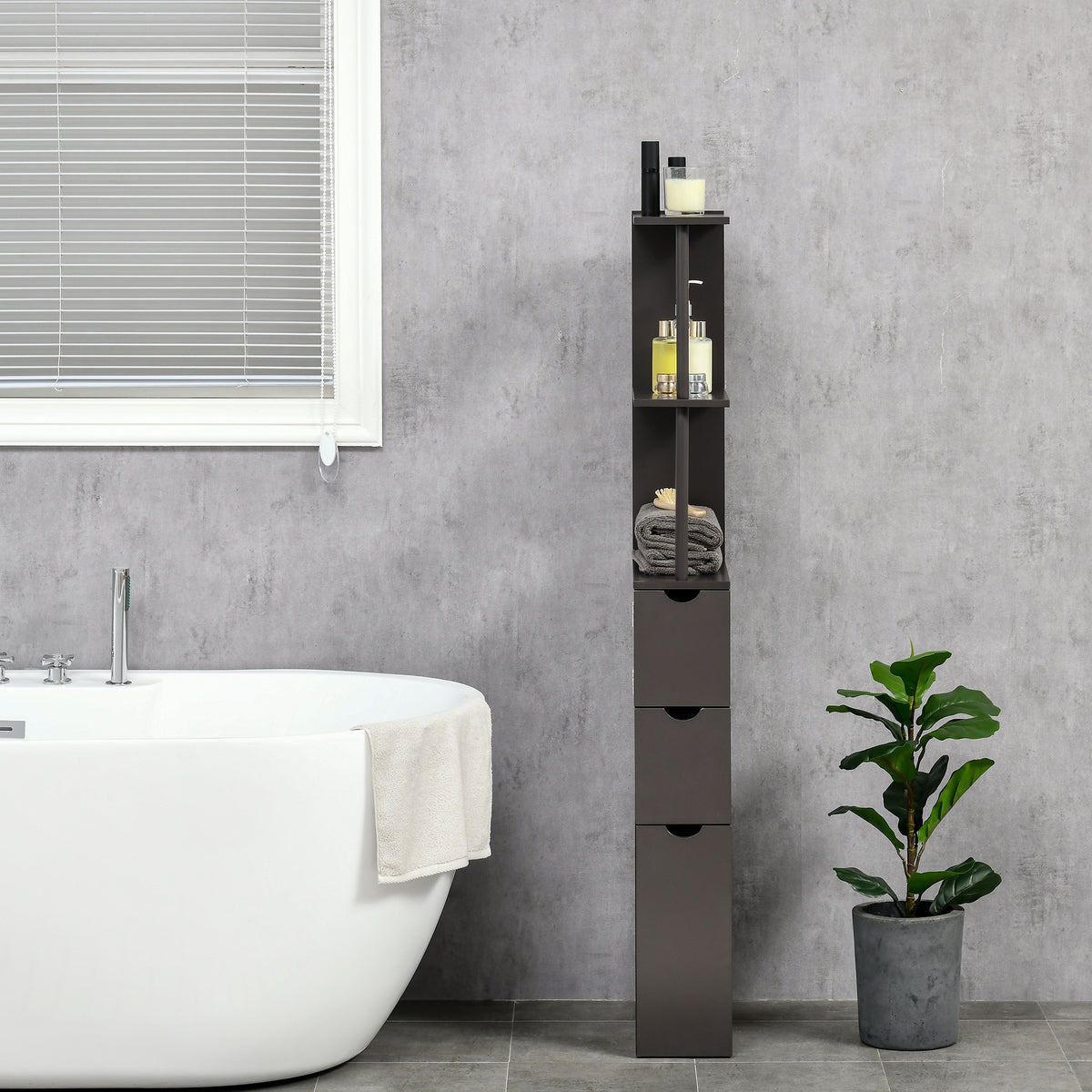 54" Tall Bathroom Storage Cabinet, Freestanding Linen Tower with 2-Tier Shelf and Drawers, Narrow Side Floor Organizer, Brown
