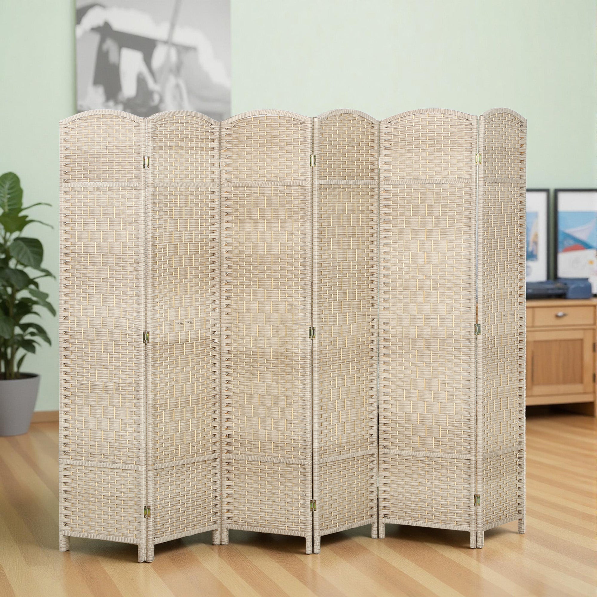 Folding Room Divider Screen 6 Panel 6' Tall Privacy Screen Freestanding Wood Partition for Home Office, Washed Oak