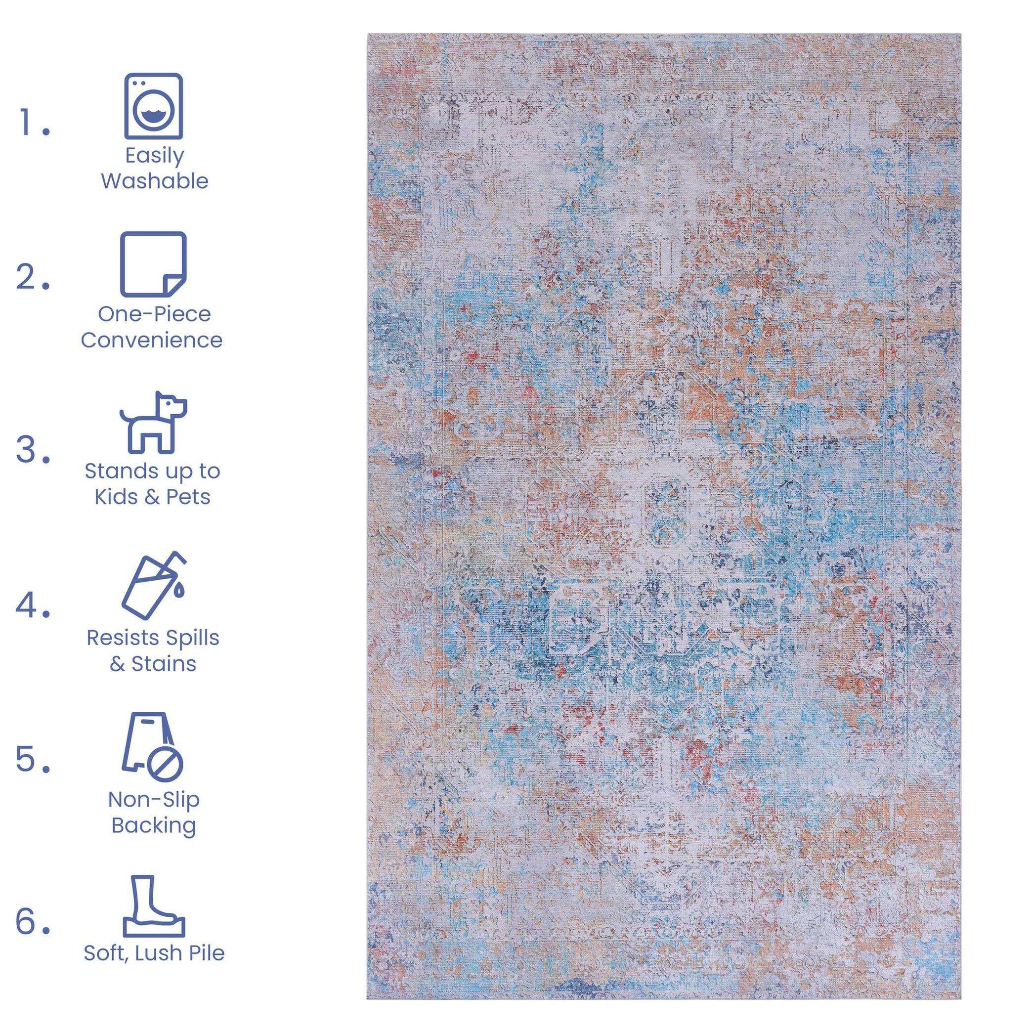 2x10 Low-Pile Non-Slip Non-Shedding Washable Area Rug, Kid and Pet Friendly, Foldable for Living Room, Bedroom, Dining Room, Multicolor