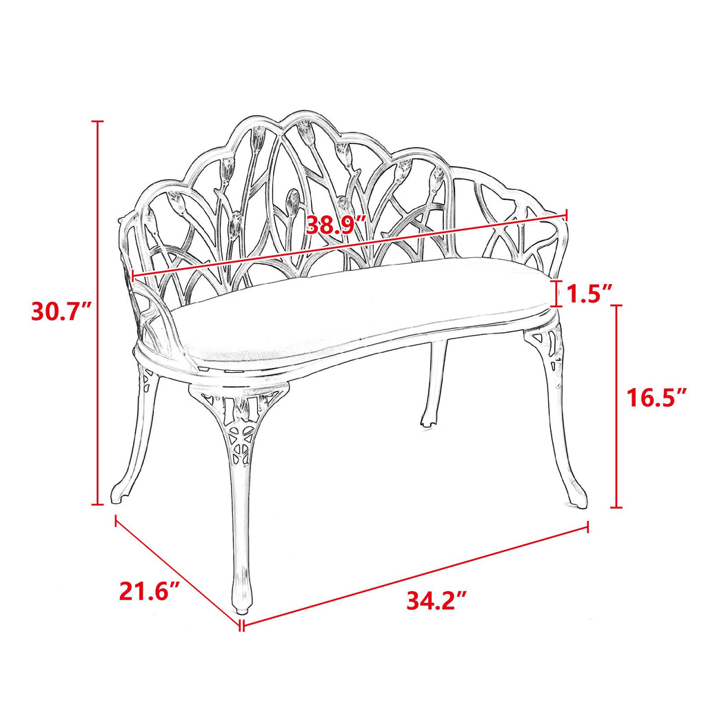 Patio Garden Bench with Floral Tulip Design, Ergonomic Backrest, Elegant Outdoor Park Bench for Lawn, Yard, 39" L x 21.5" W x 31" H, Black