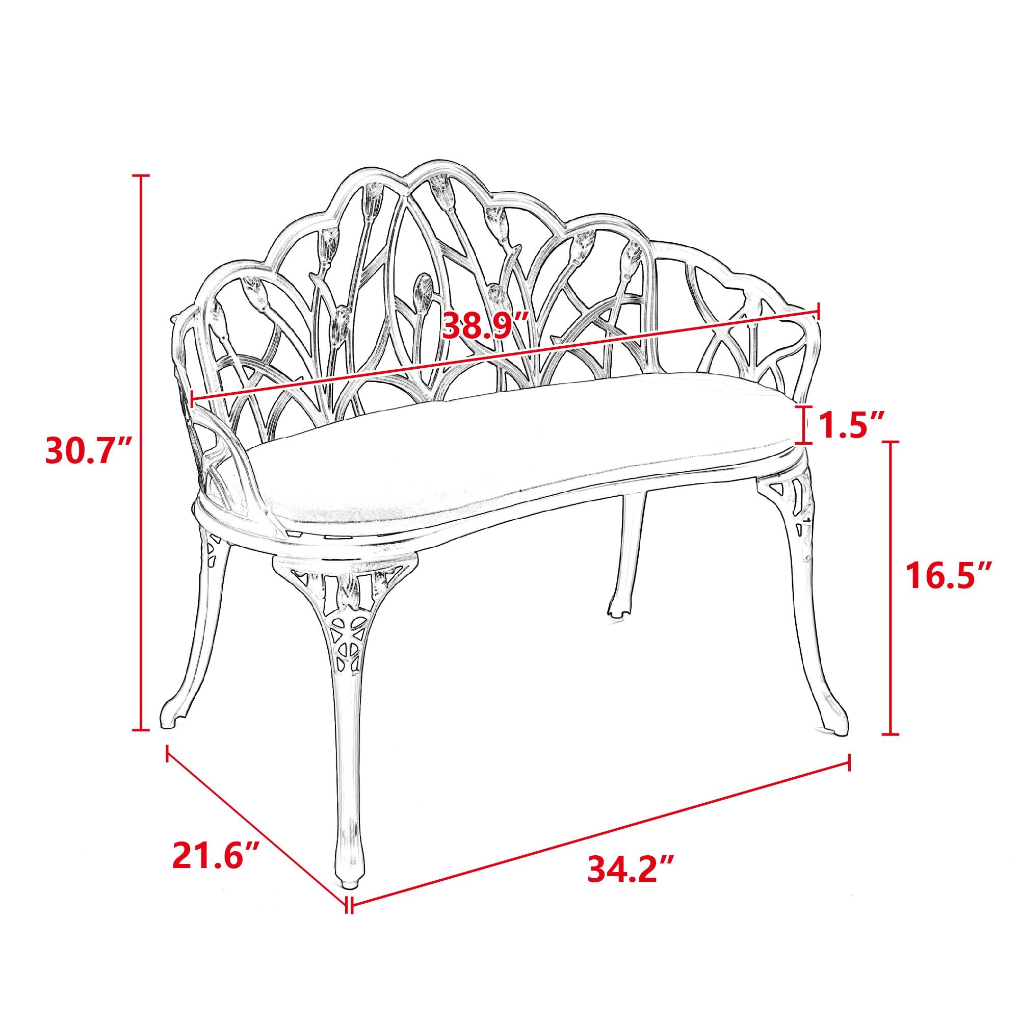 Patio Garden Bench with Floral Tulip Design, Ergonomic Backrest, Elegant Outdoor Park Bench for Lawn, Yard, 39" L x 21.5" W x 31" H, Black
