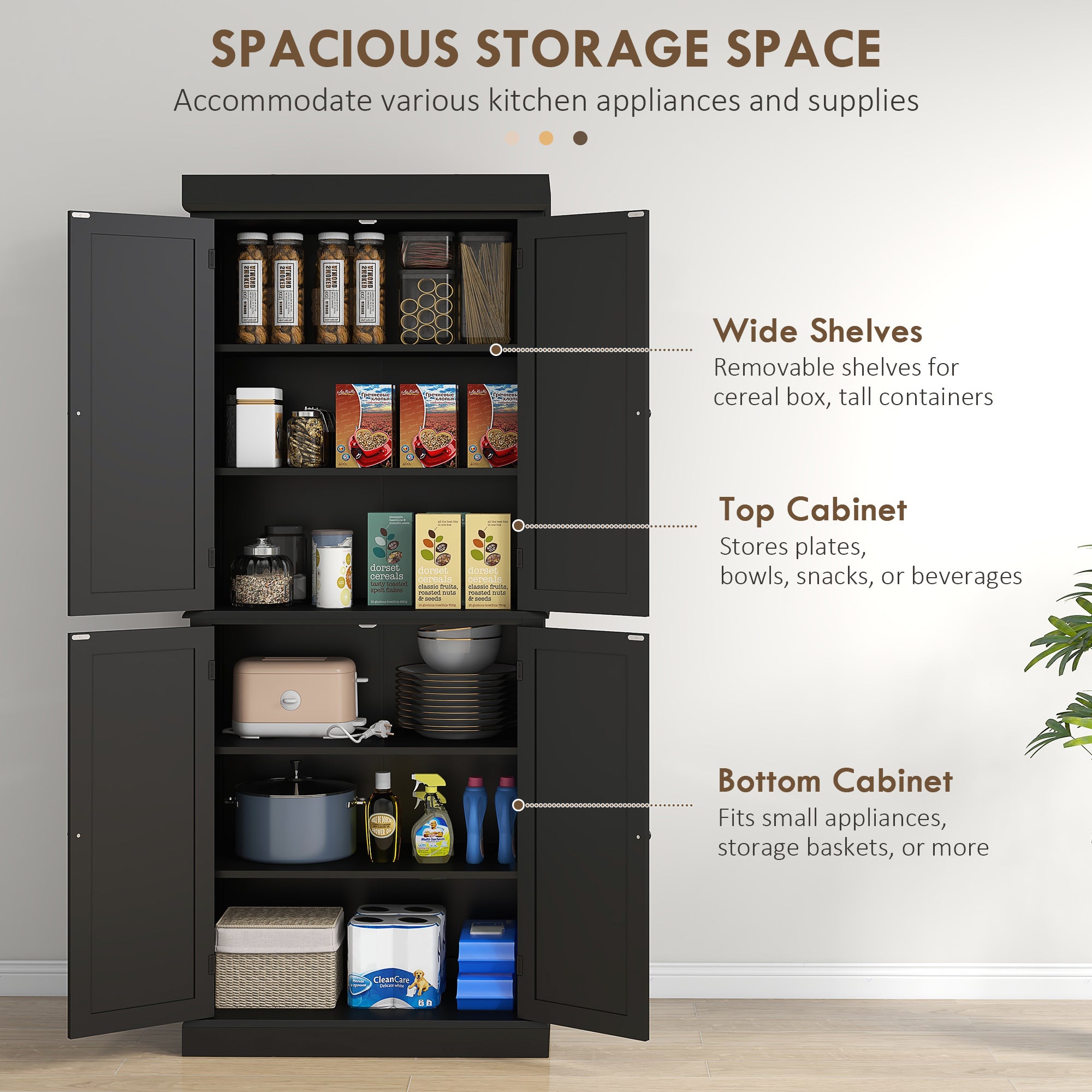72" Kitchen Cabinet, Pantry Storage Cabinet with Doors and Shelves, Freestanding Food Pantry Cabinet, Black