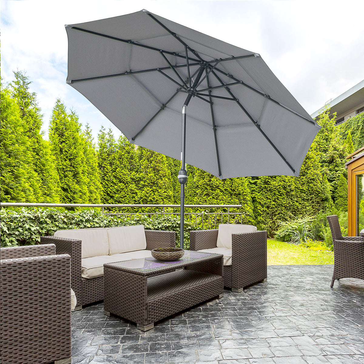 9FT 3 Tiers Patio Umbrella Outdoor Market Umbrella with Crank, Push Button Tilt for Deck, Backyard and Lawn, Dark Gray