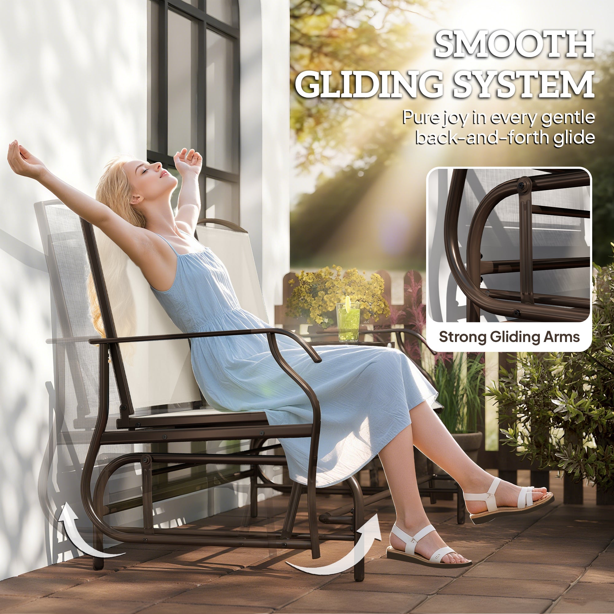 Outdoor Glider Bench with Center Table, Metal Frame Patio Loveseat with Breathable Mesh Fabric and Armrests for Backyard Garden Porch, Beige