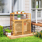 Outdoor Air Conditioner Fence Privacy Screen, Wood AC Fence Potting Table with Shelves for Patio, Light Brown