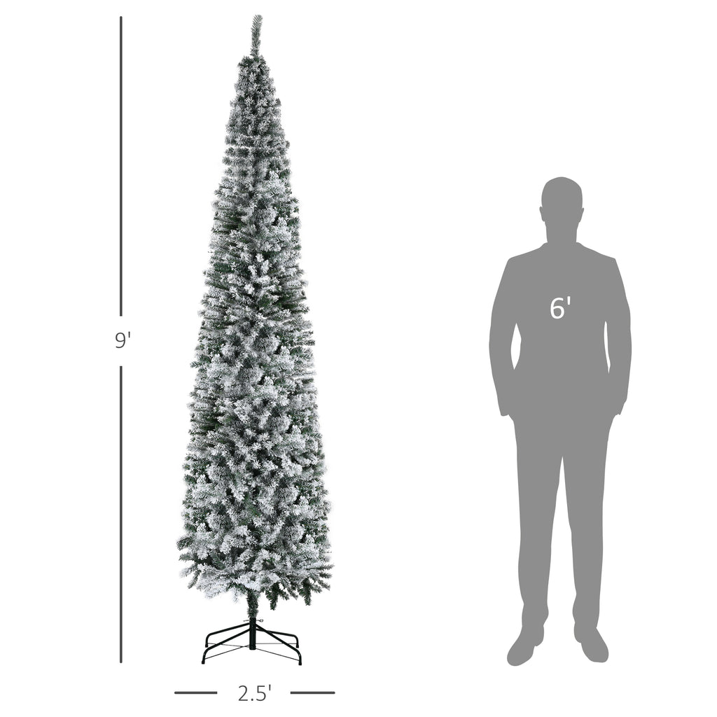9ft Flocked Christmas Tree, Pencil Artificial Xmas Tree with Faux Snow, Dense Branches, Foldable Metal Base for Indoor Holiday Decor