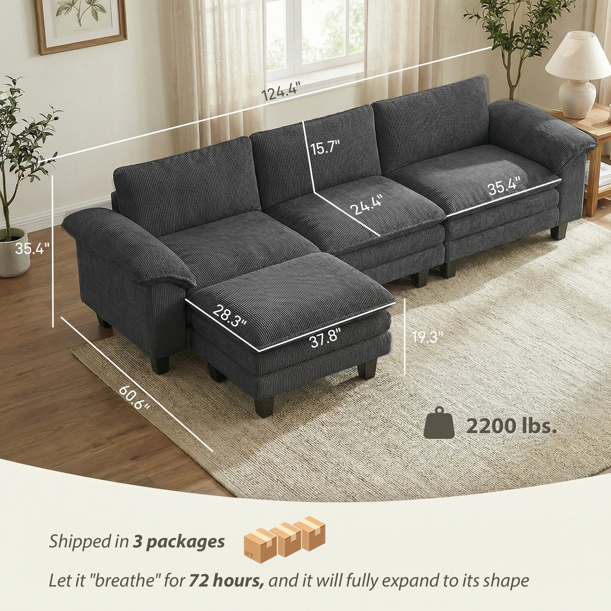 Sectional Sofa, L Shaped Couch with Deep Seat, Movable Ottoman and Pillow-top Armrests, Dark Gray