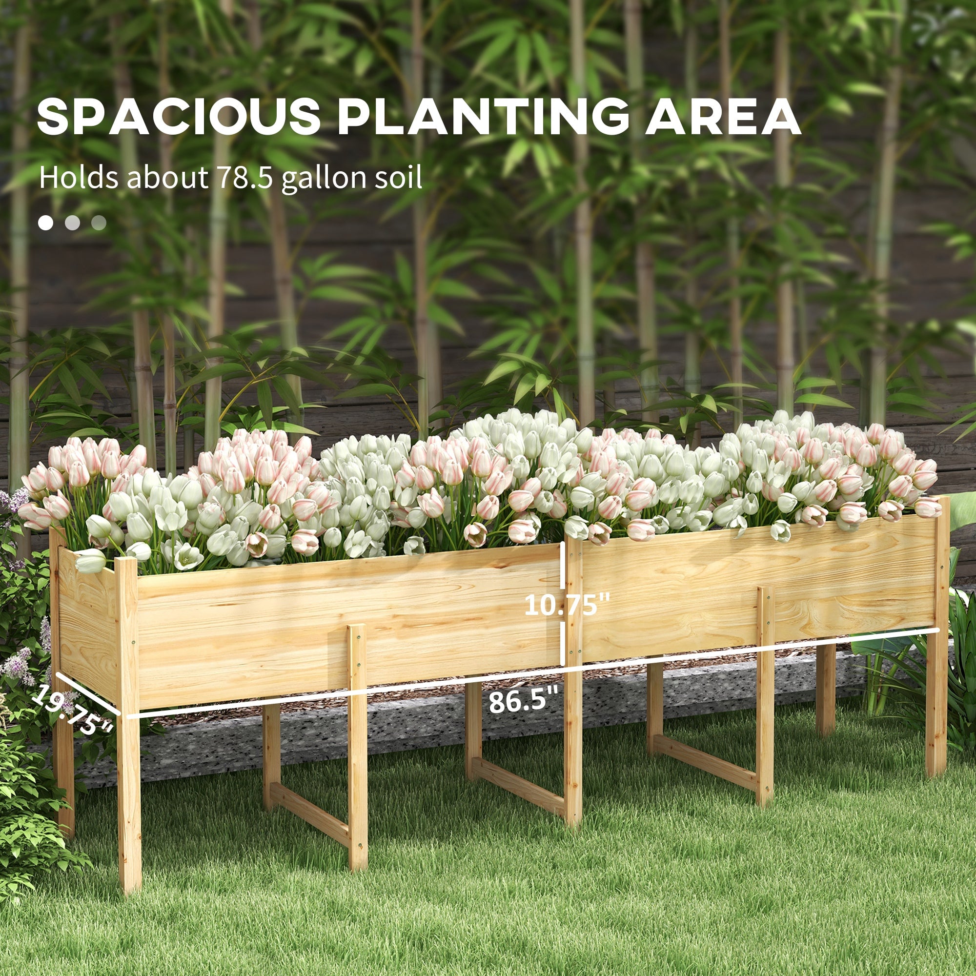 Wooden Raised Garden Bed, Large Elevated Planter Box with Legs, Bed Liner and Drain Holes, 7.4' x 1.8' x 2.6', Natural