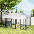 9.8' x 9.8' x 6' Outdoor Dog Kennel, Dog Kennel Outside Run with 360° Rotating Bowls, Waterproof & UV Resistant Cover