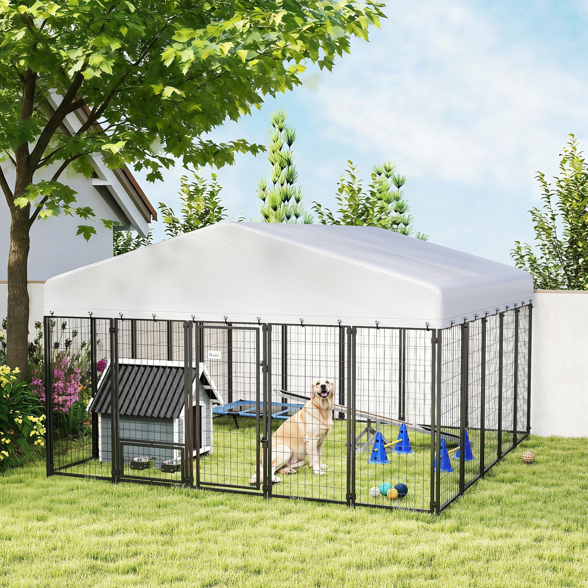 9.8' x 9.8' x 6' Outdoor Dog Kennel, Dog Kennel Outside Run with 360° Rotating Bowls, Waterproof & UV Resistant Cover