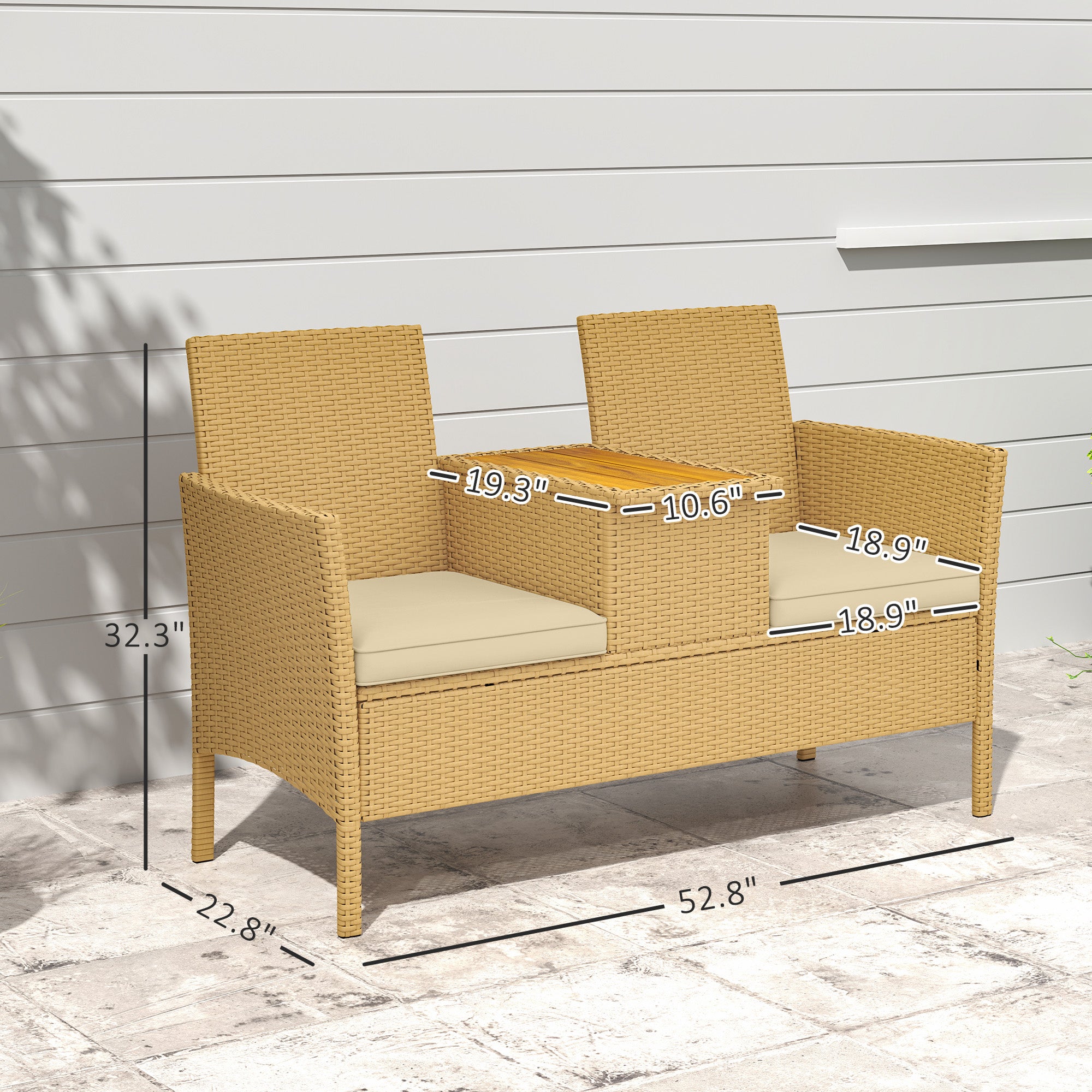 Patio Sofa Wicker Loveseat with Built-in Flip-Top Coffee Table and Cushions for Balcony, Garden, Lawn, Backyard, Khaki