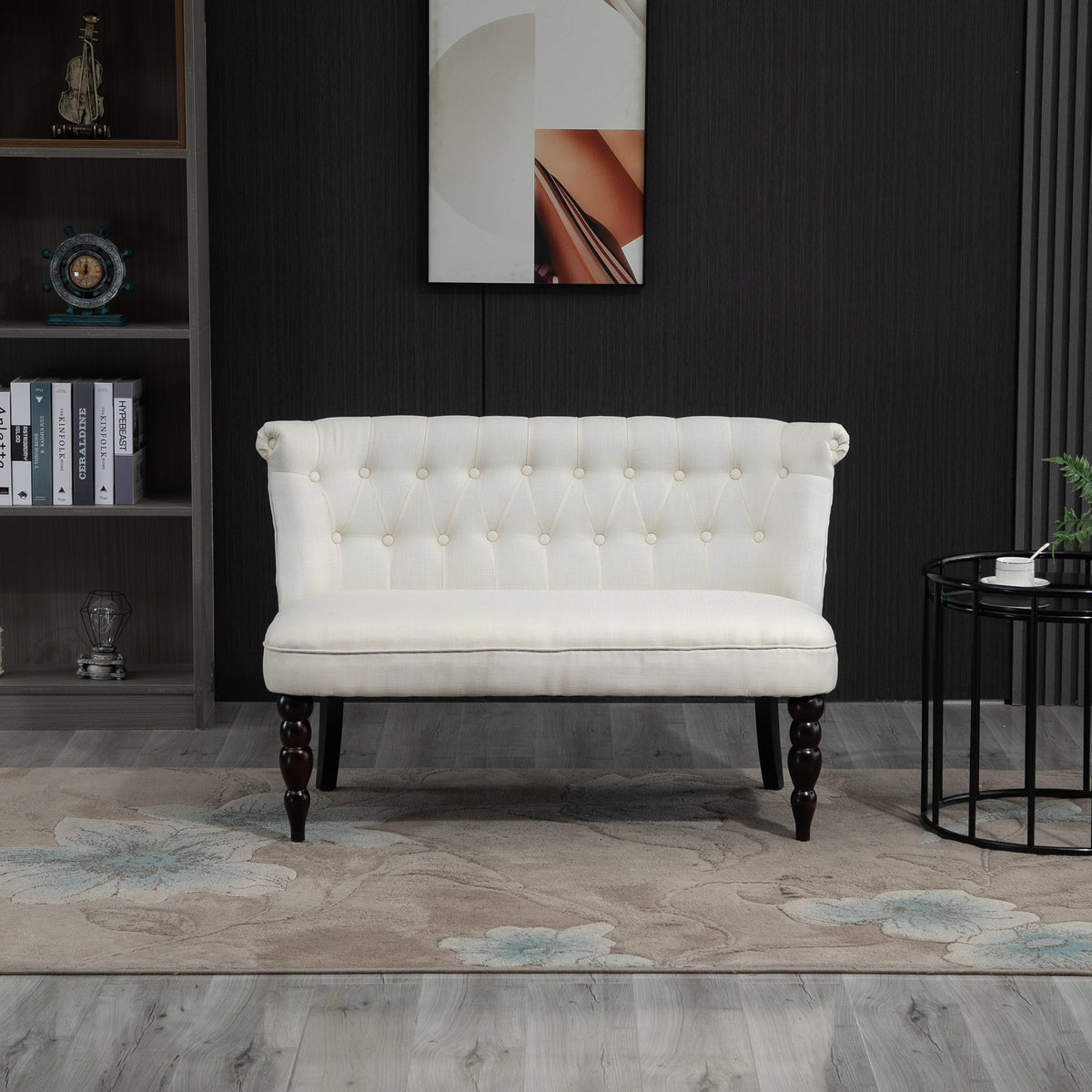 Upholstered Armless Fabric Loveseat with Button Tufted Design for Living Room with Wood Legs, Cream White