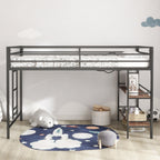 Junior Twin Loft Metal Bunk Bed Frame with Cinnamon Wood Shelf, Full-Length Guardrails, Anti-Noise Design, Easy Assembly, 76.69″ L x 40.94″ W x 49.49″ H, Black