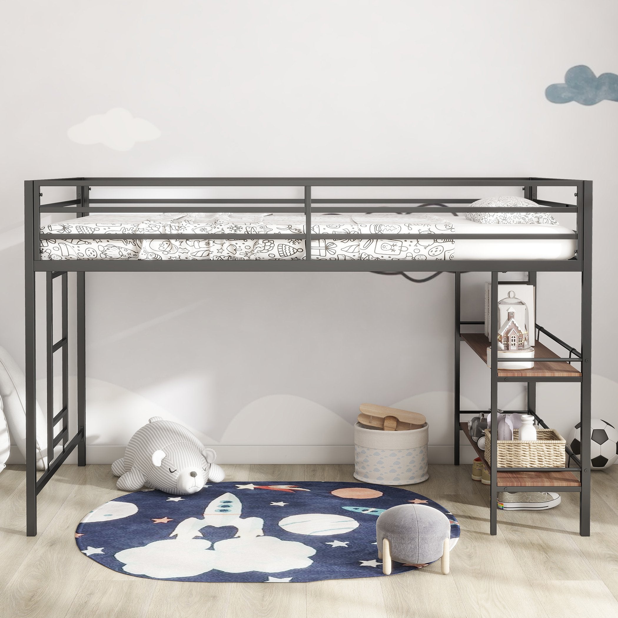 Junior Twin Loft Metal Bunk Bed Frame with Cinnamon Wood Shelf, Full-Length Guardrails, Anti-Noise Design, Easy Assembly, 76.69″ L x 40.94″ W x 49.49″ H, Black