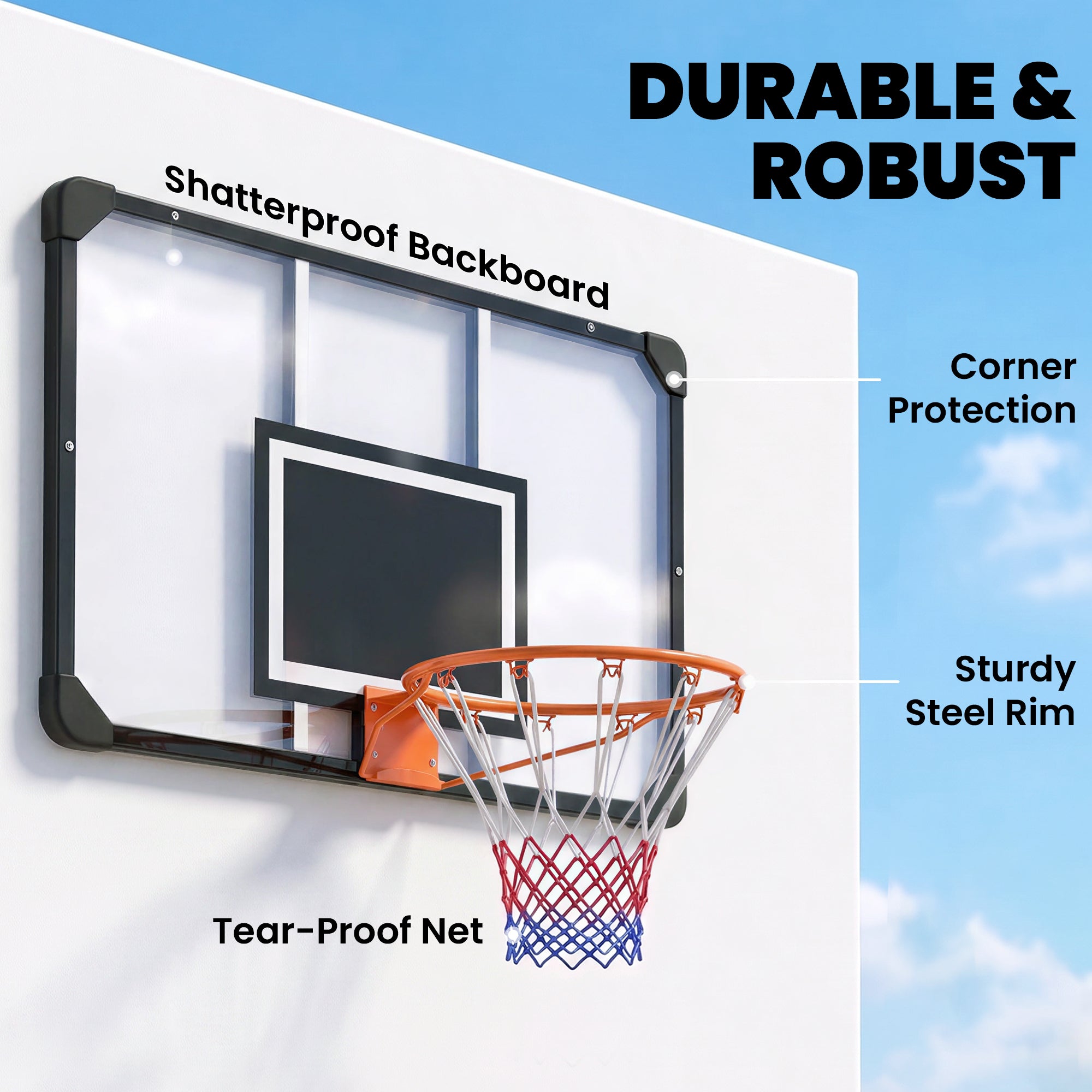 Wall Mounted Basketball Hoop with Shatter Proof Backboard, Durable Rim and All-Weather Net for Indoor and Outdoor Use