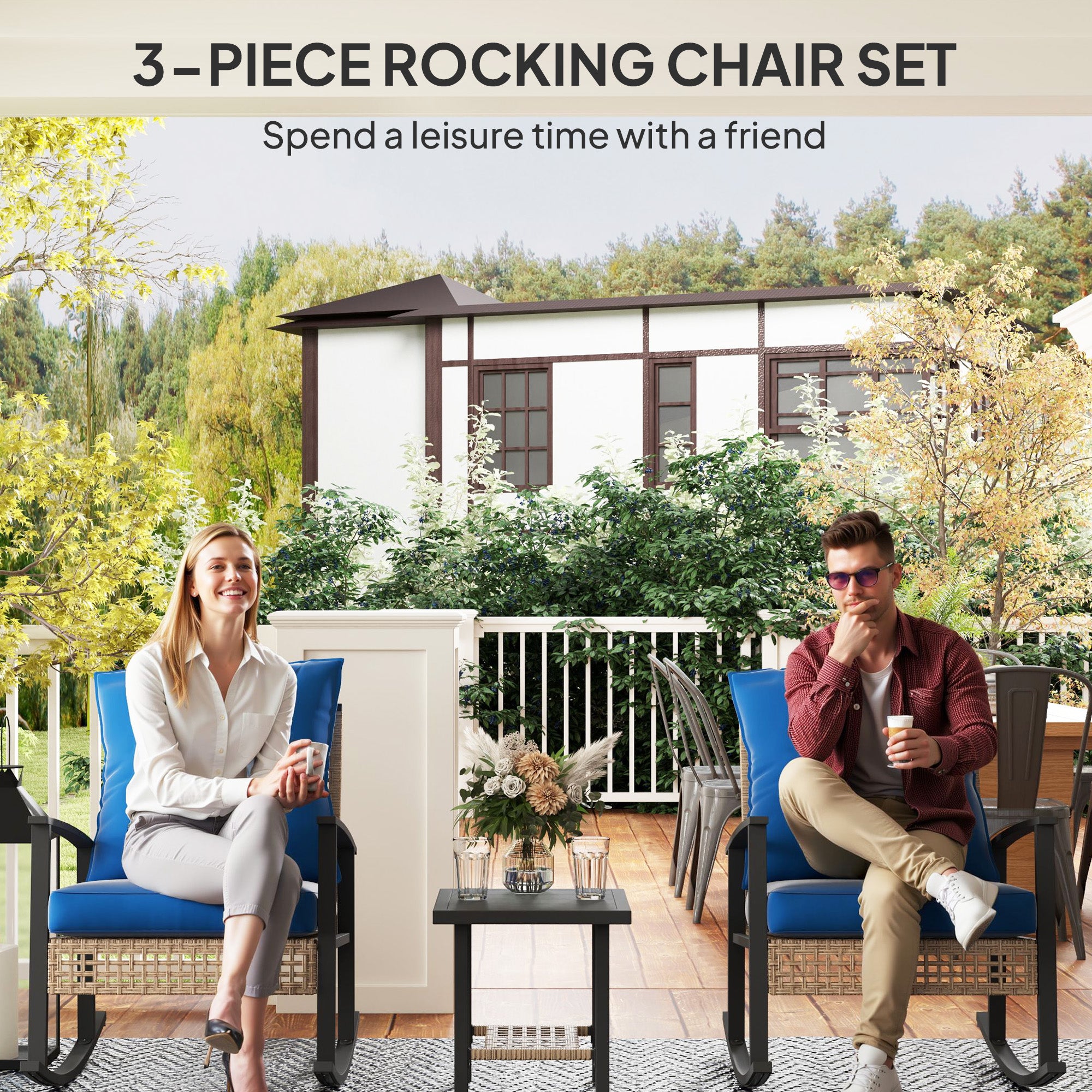 3 Pieces Bistro Set, Patio Wicker Furniture Set with Button Tufted Cushions, Rattan Rocking Chairs, Coffee Table, Blue
