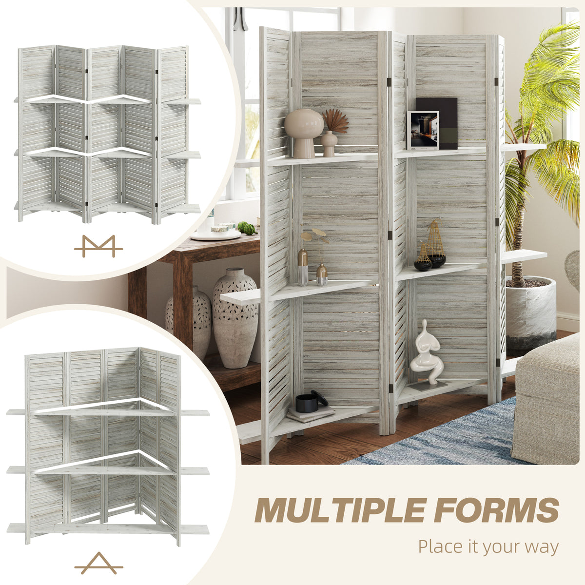 5 Panel 67" Tall Wood Privacy Screen Room Divider with 3 Shelves and Folding Storage for Bedroom, Distressed White