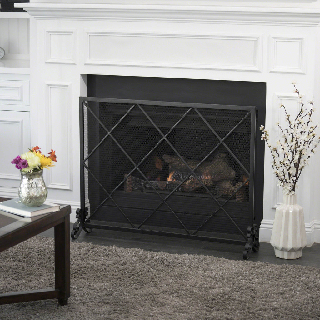 Modern Single Panel Iron Fireplace Screen with Durable Iron Frame, Rustproof Solid Free Standing Fire, 41.5" L x 8.9" W x 32.1" H, Black