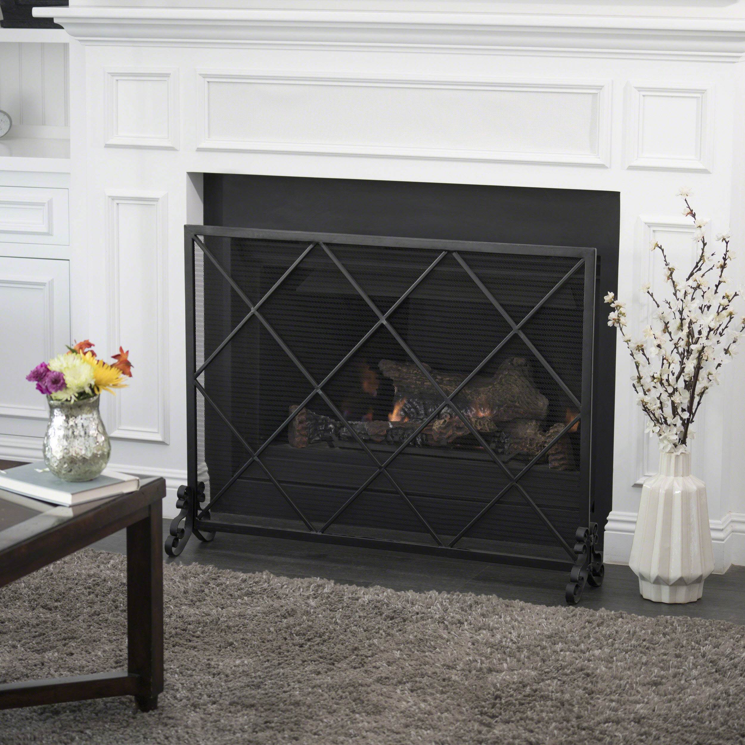 Modern Single Panel Iron Fireplace Screen with Durable Iron Frame, Rustproof Solid Free Standing Fire, 41.5" L x 8.9" W x 32.1" H, Black