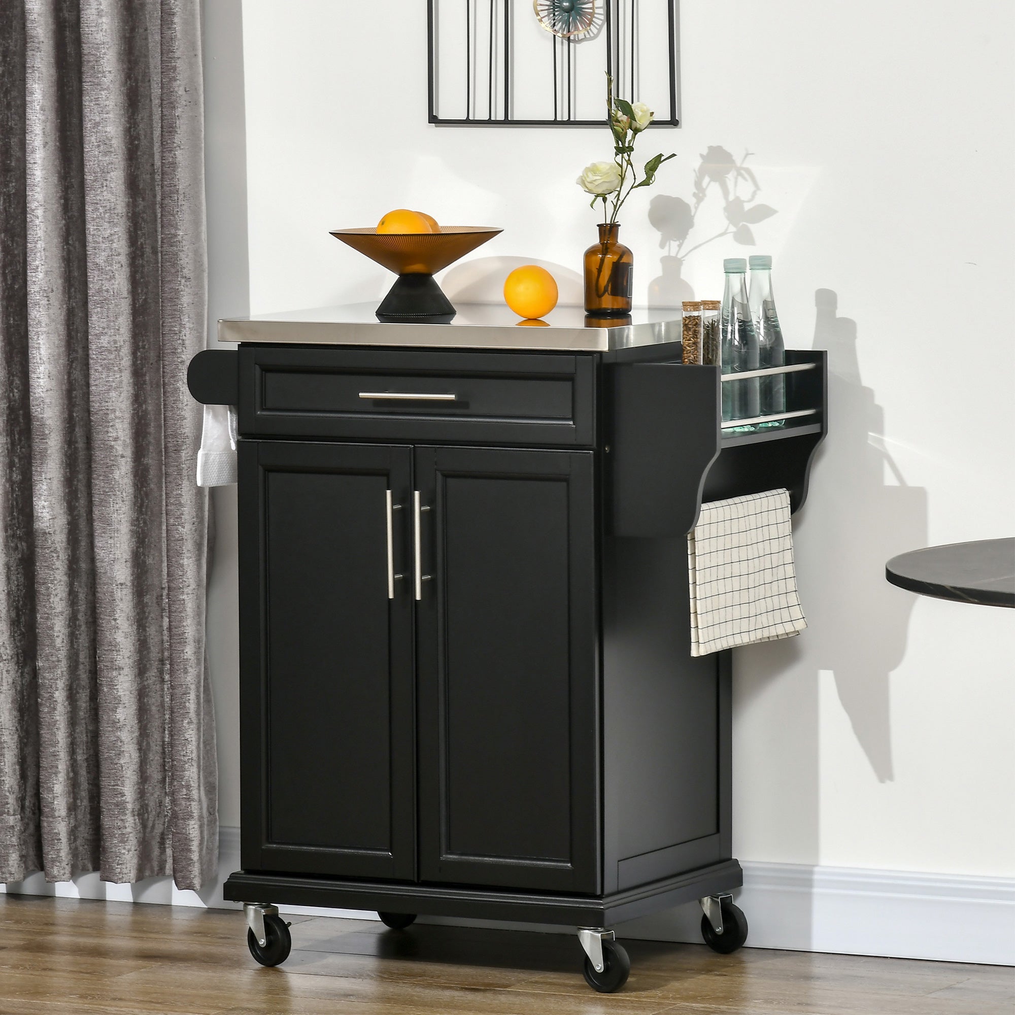 Kitchen Island on Wheels, Rolling Kitchen Cart with Stainless Steel Countertop, Drawer, Towel Rack and Spice Rack, Utility Storage Trolley, Black