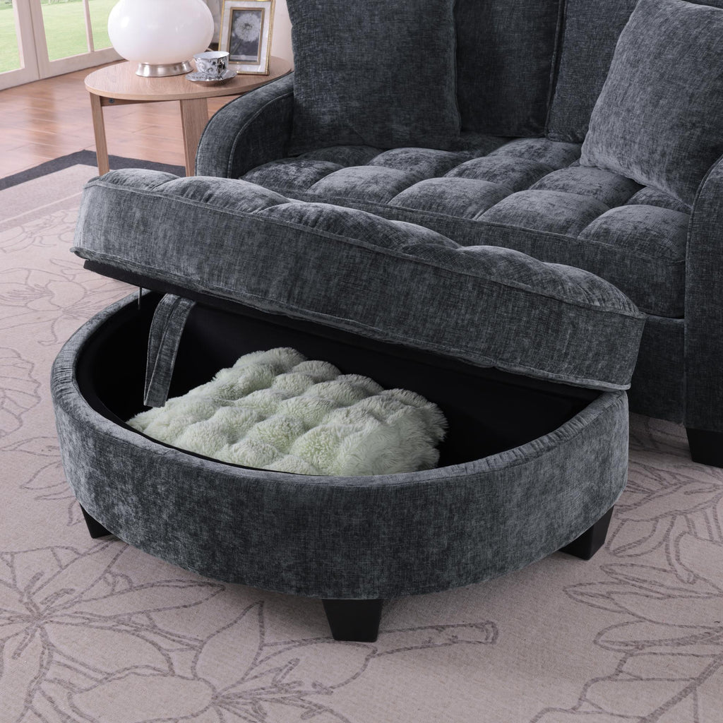 2-Seater Sofa Chaise Lounge with Irregular Curved Armrests, Ergonomic Backrest, Footrest with 2 Throw Pillows, 42.5" L x 32.5" W x 36.5" H, Black