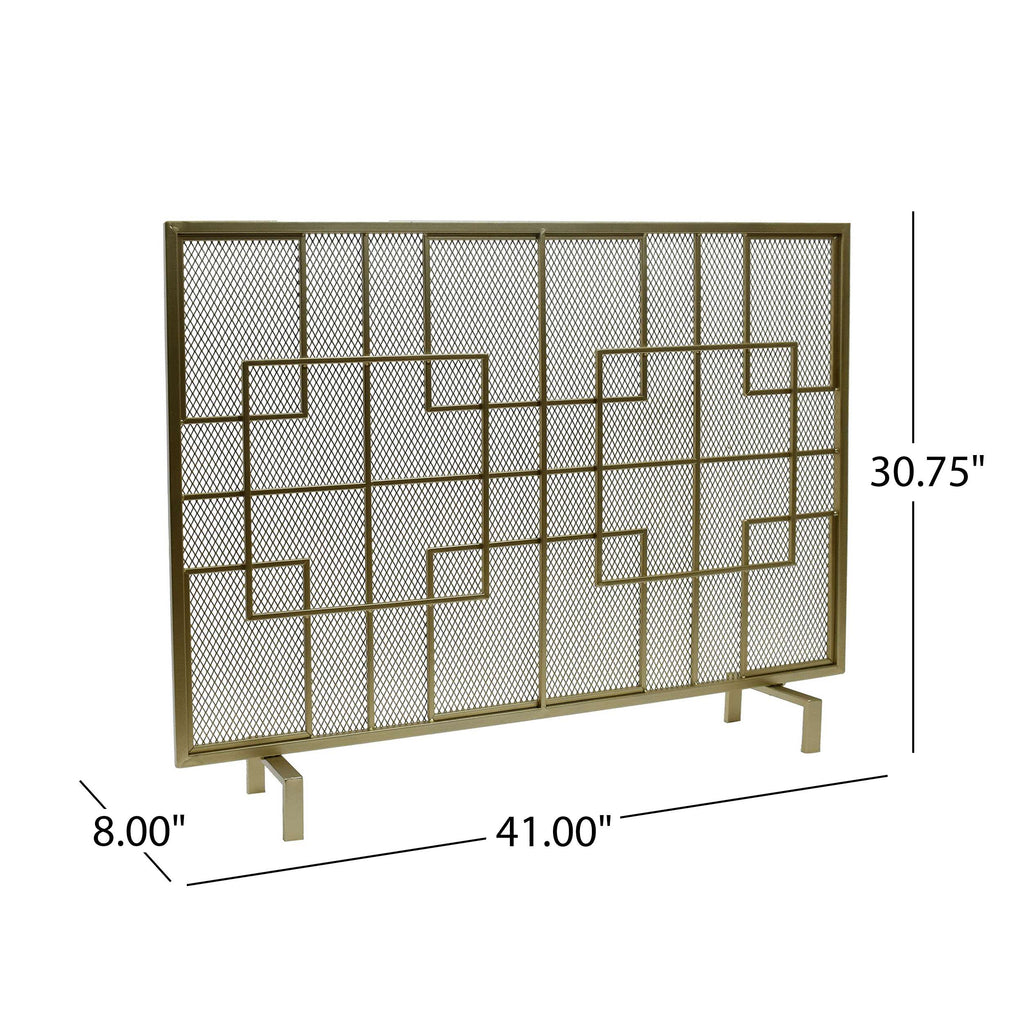 Modern Iron Fire Screen with Single Panel Design and Fine Mesh, Geometric Pattern, and Easy Assembly, 41" L x 8" W x 30.75" H, Gold