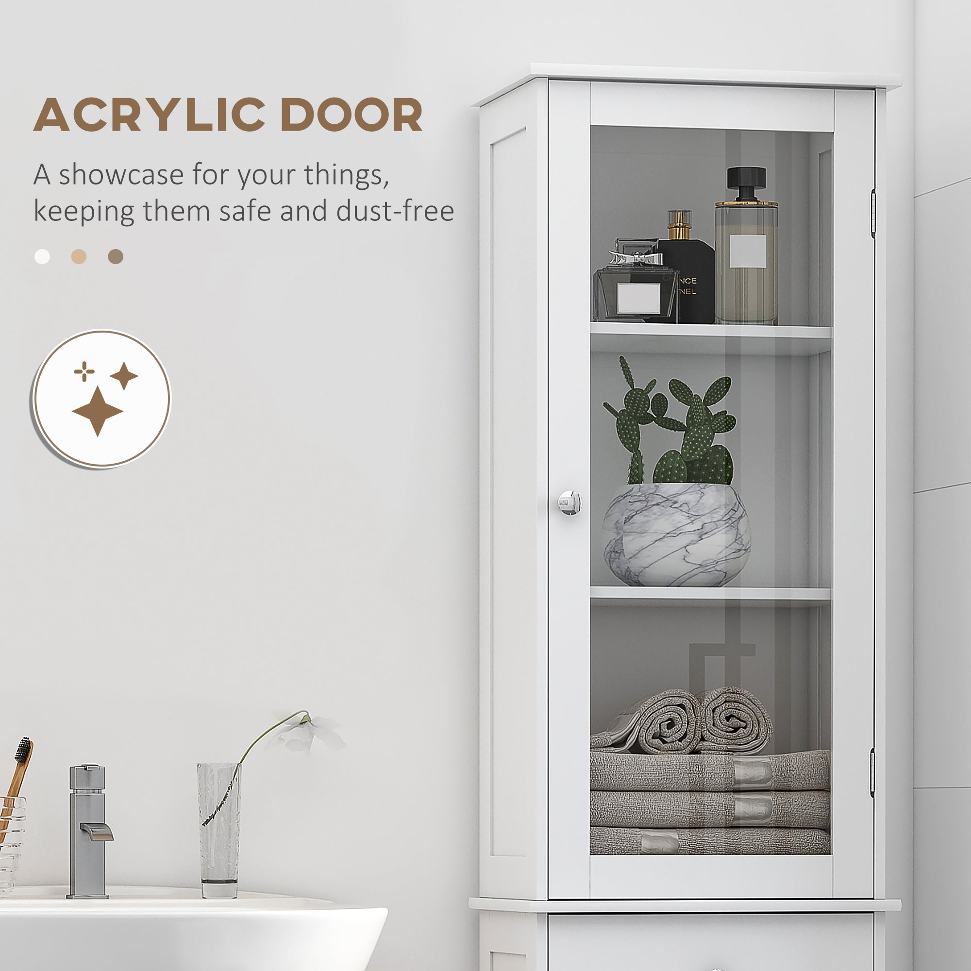 Slim Bathroom Storage Cabinet, Tall Bathroom Cabinet, Narrow Linen Tower with Acrylic Door, Drawer and Shelves, White
