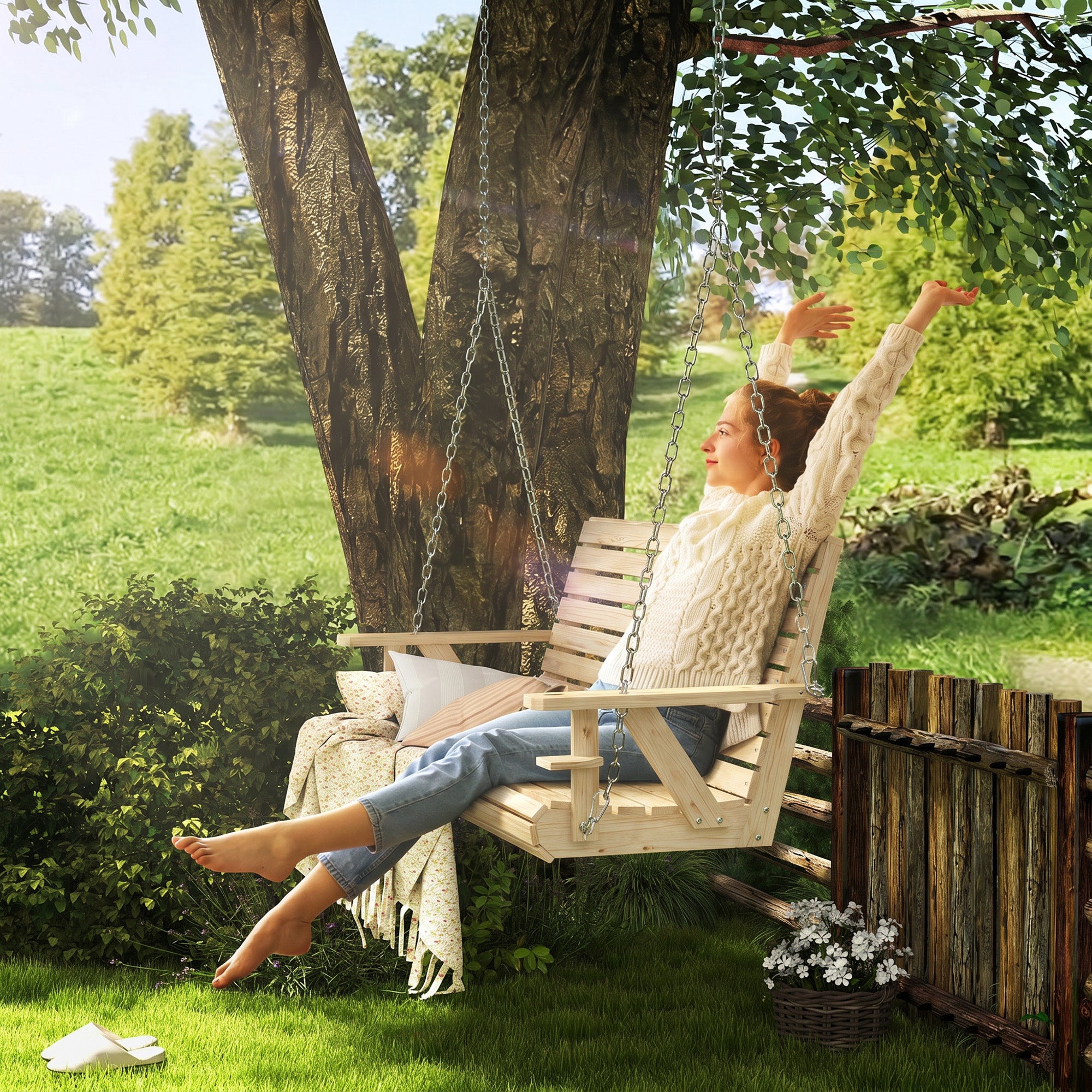 3-Seater Swing Bench, Wooden Porch Swing with Cupholders, Hanging Chains for Patio Garden, Nature Wood