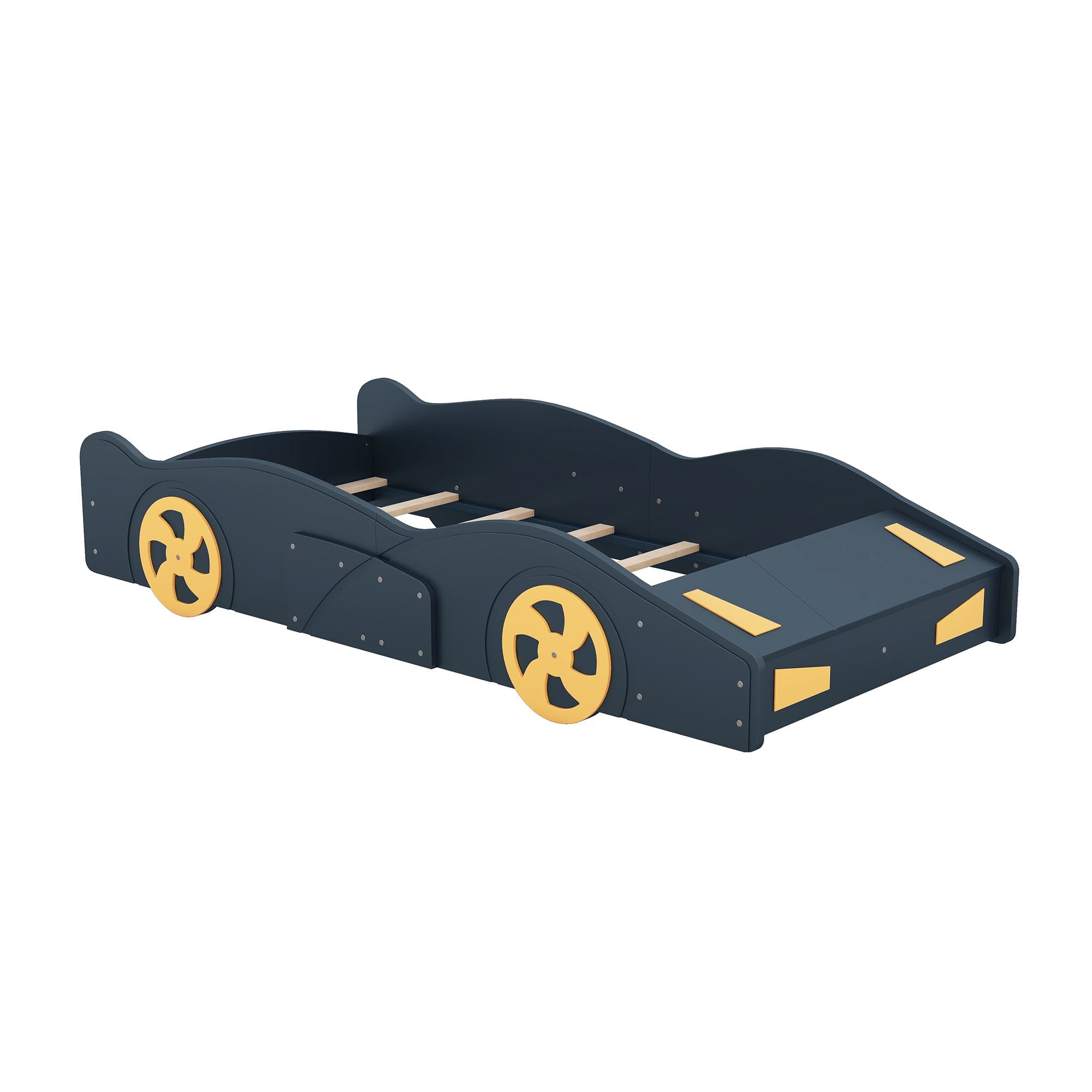 Twin Size Race Car-Shaped Platform Bed with Wheels and Storage, Solid Wood and MDF, 90.5" L x 40" W x 15.5" H, Dark Blue