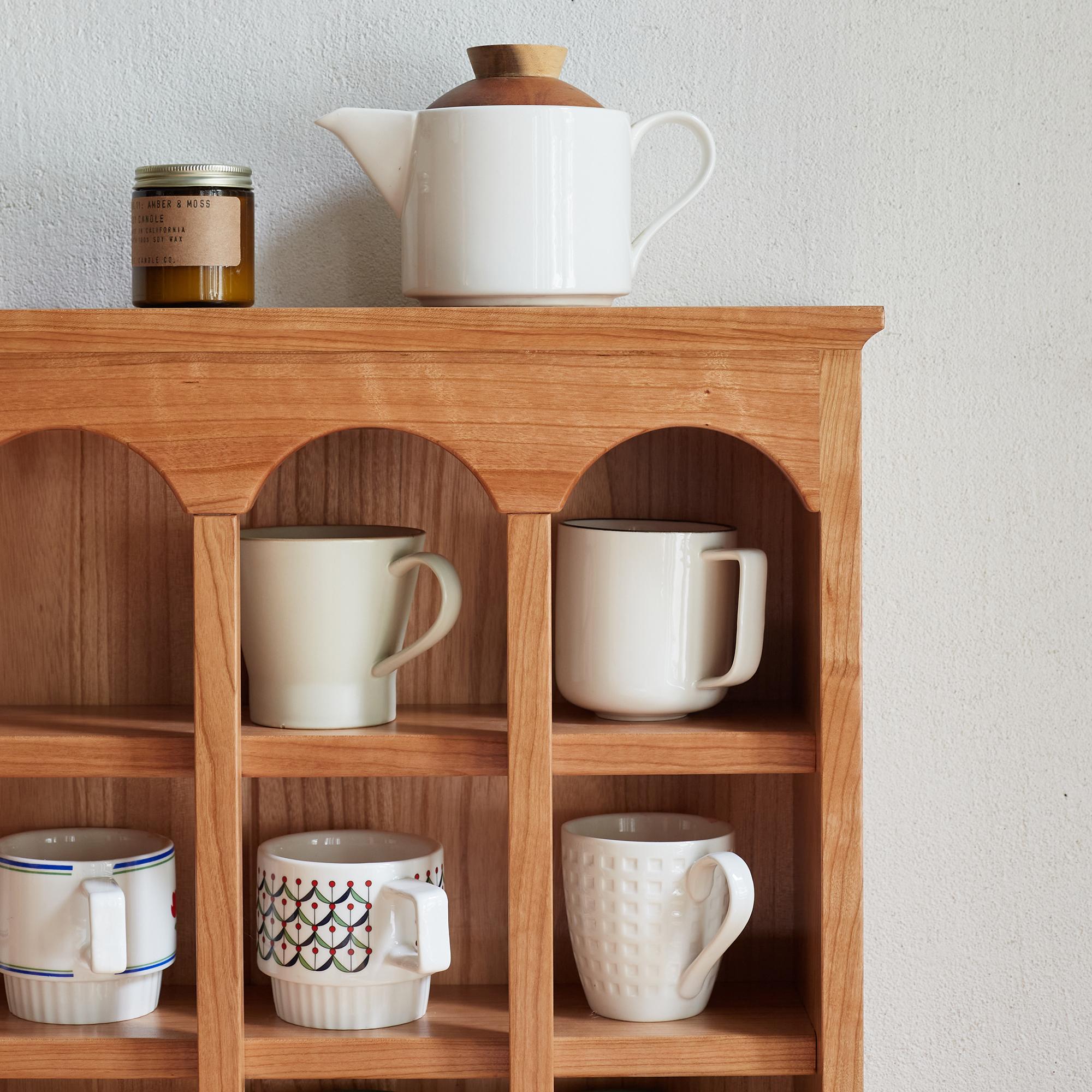 Solid Cup Storage Rack with Ample Shelving & Eco-Friendly Finish, Durable Cabinet for Dining Space, 24.5″ L x 6″ W x 22″ H, Natural Cherry