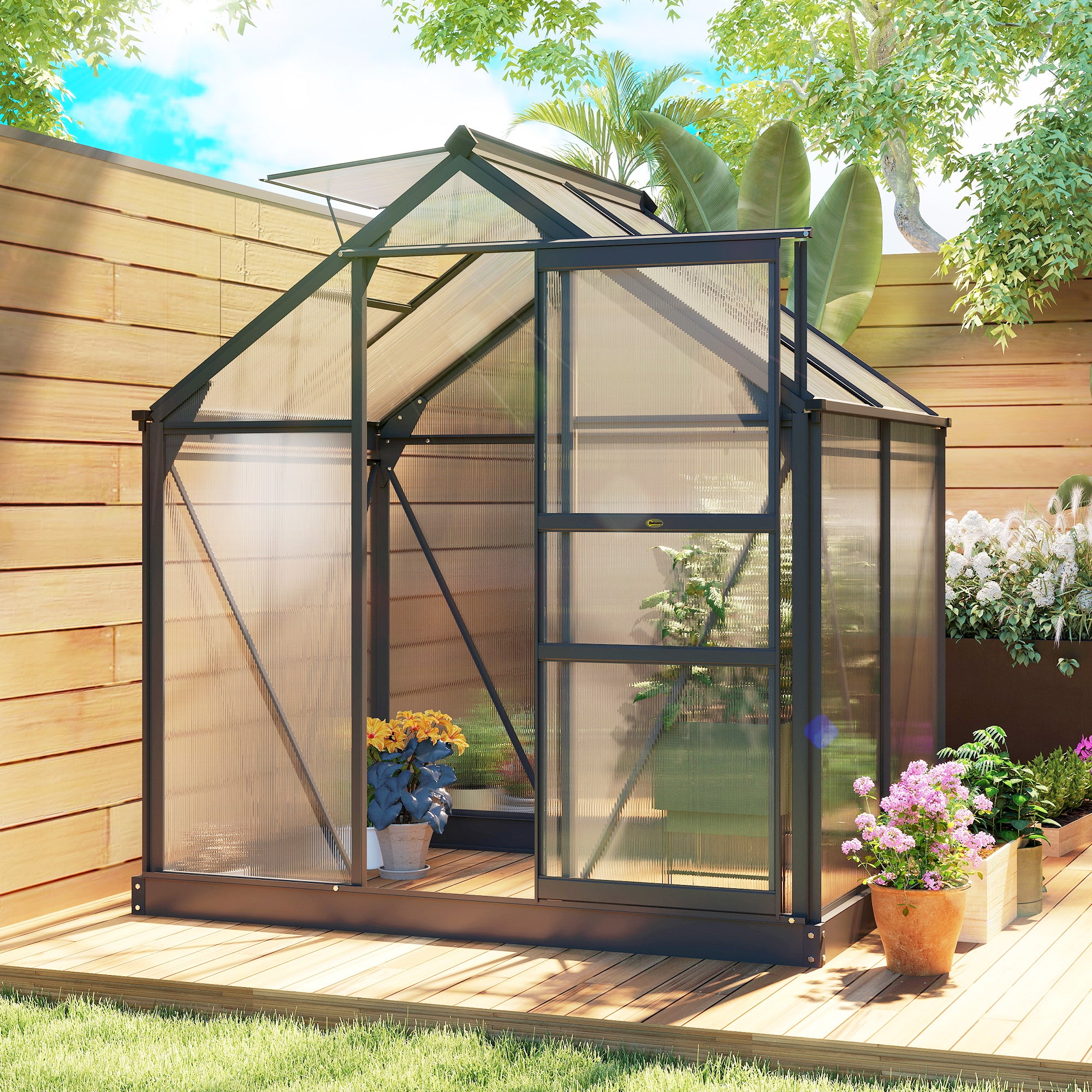 Polycarbonate Greenhouse, Heavy Duty Outdoor Aluminum Walk-in Green House Kit Vent Door, 6.2'x4.3'x6.6' Gray