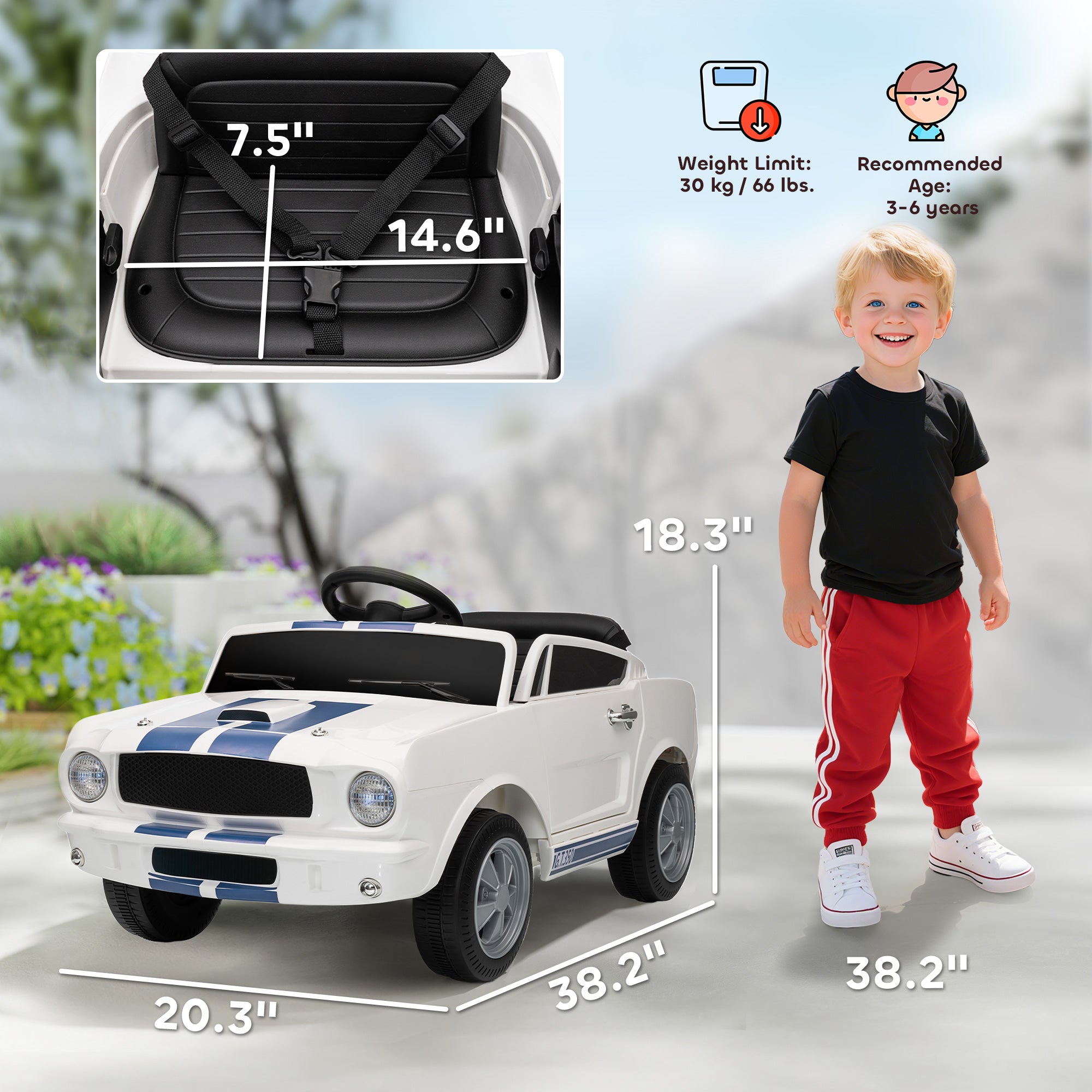 Licensed Shelby GT 350 Kids Ride On Car with Remote Control, Adjustable Speed, MP3, Smooth Start, LED Lights, White