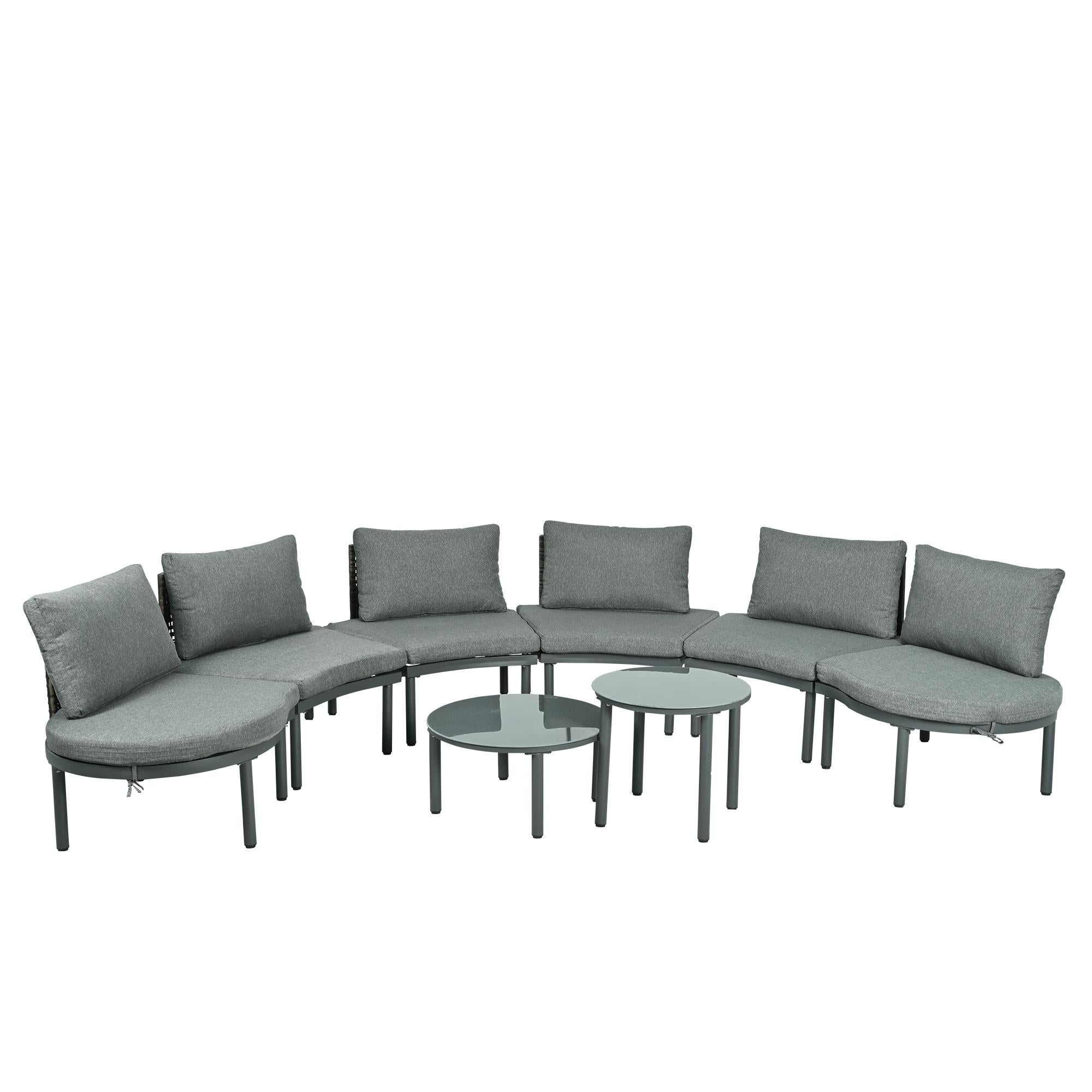 8-Piece Half Moon Sectional Sofa with 2 Coffee Table & Cushion, PE Wicker Patio Furniture for Backyard, 34.5'' L x 25.5'' W x 12.5'' H, Gray