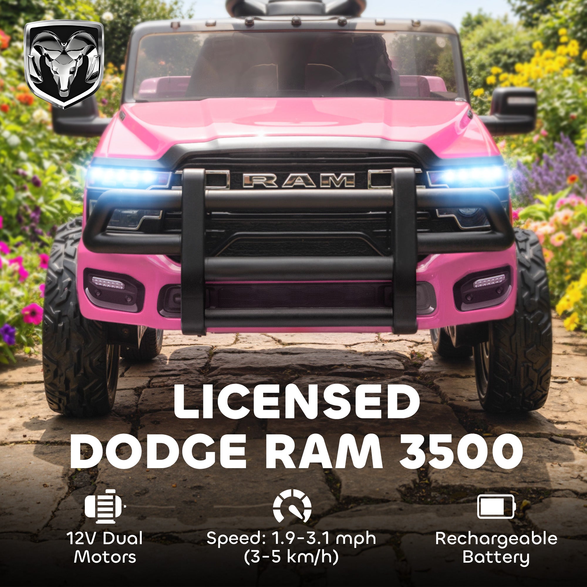 12V Kids Ride on Car, Licensed RAM 3500 Ride on Toys with Dual Motors, Remote Control for Toddlers, Pink