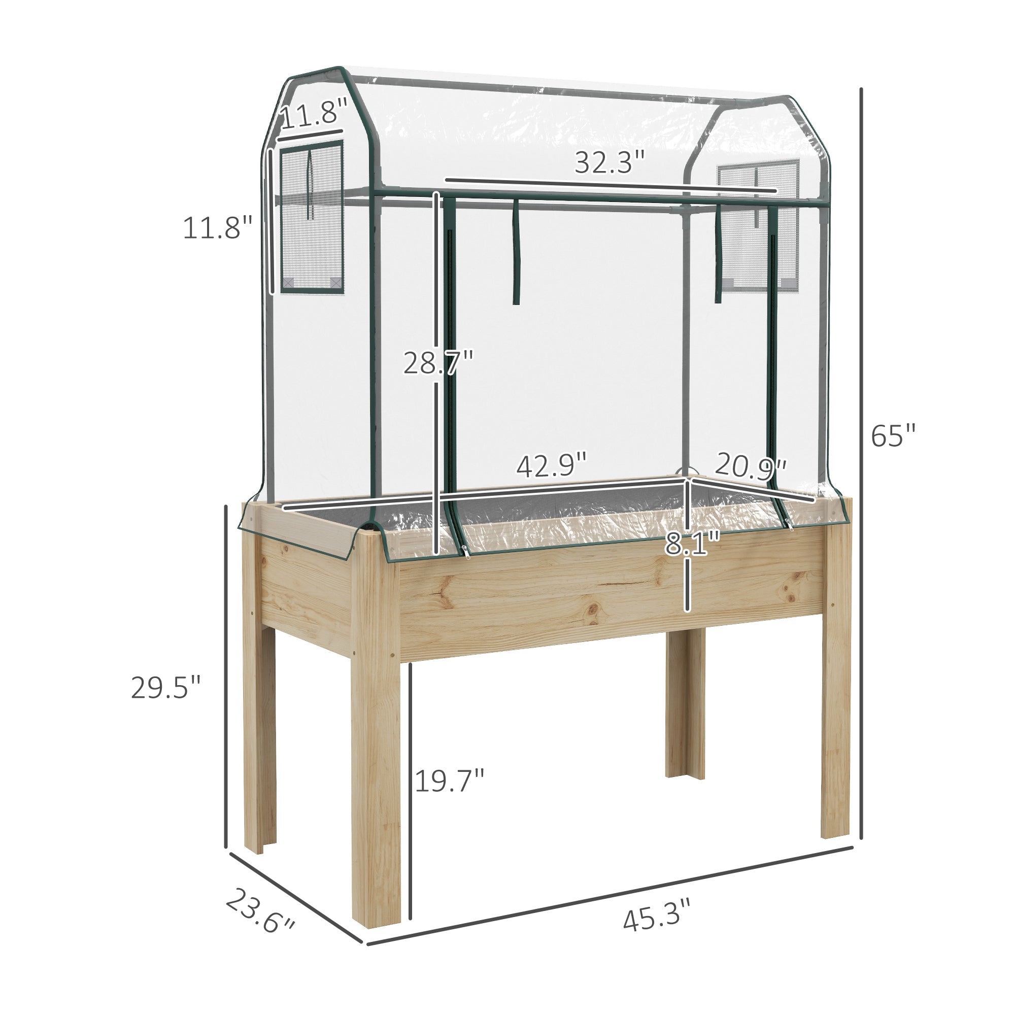 Raised Garden Bed with Plastic Greenhouse Cover Outdoor Planter Box for Herbs and Vegetables, 45x24x65 inch Natural
